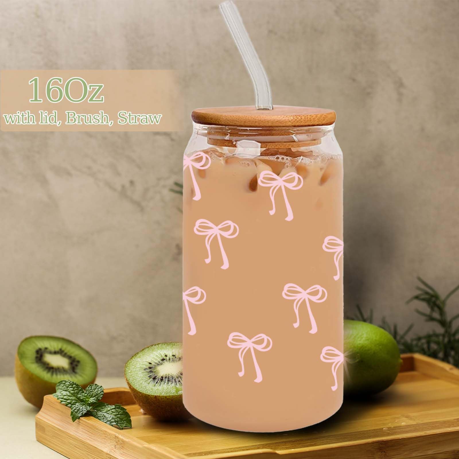 SNIBIUNO Cute Pink Bow Glass Cups with Lids and Straws, Aesthetic Iced Coffee Cup, Girly Preppy Design Tumbler Mug, Birthday Valentines Christmas Gifts for Women, Teen Girl Gifts Trendy Stuff