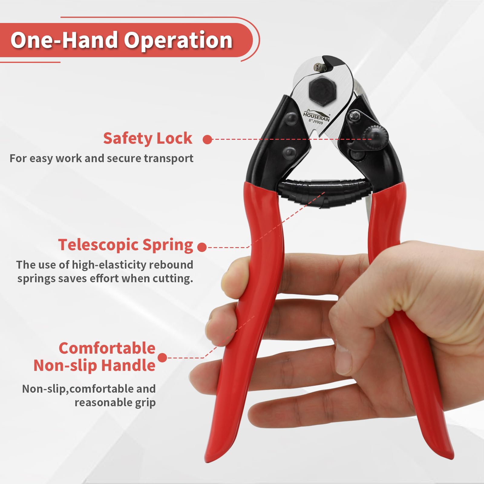HOUSERAN 8 Inch Wire Rope Cutter, Stainless Steel Cable Cutter, Heavy Duty Wire Cutters Cutting Up to 3/16" for Fence, Wire Seals, Aircraft Cables, Decking, Railing, Bike Bicycle Brake Cable, DIY