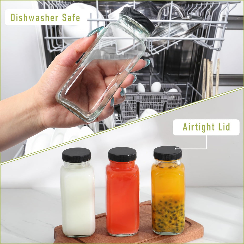 8 oz Glass Juice Bottles with Lids 6 Pack,Reusable Water Bottle,Juicing Bottles for Smoothies, Milk, Storage, Small and portable