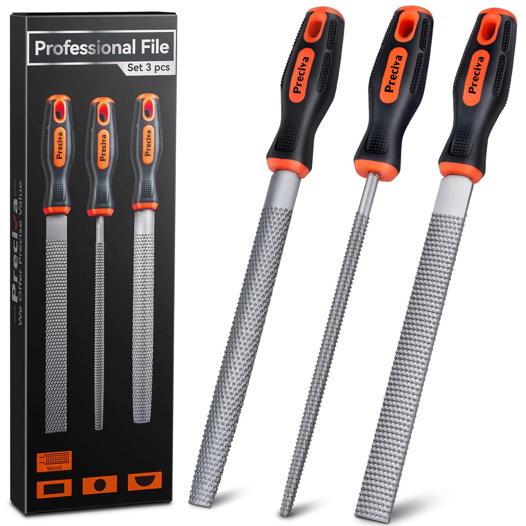 Preciva 3PCS Files Set, Wood Rasps High Carbon Steel File Set includes Flat File, Round File & Half Round File Used for Wood Manual Cutting and Polishing