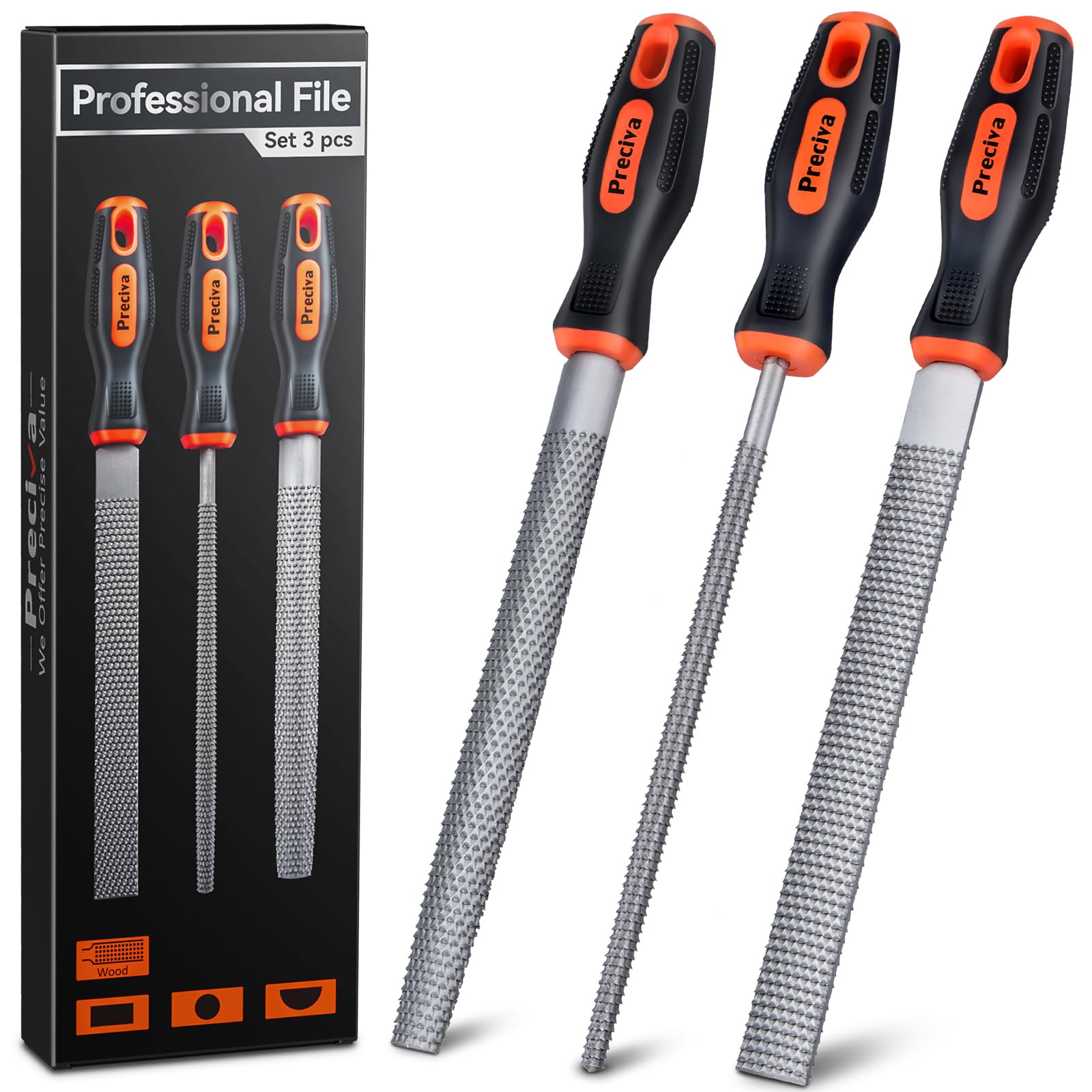 Preciva 3PCS Files Set, Wood Rasps High Carbon Steel File Set includes Flat File, Round File & Half Round File Used for Wood Manual Cutting and Polishing