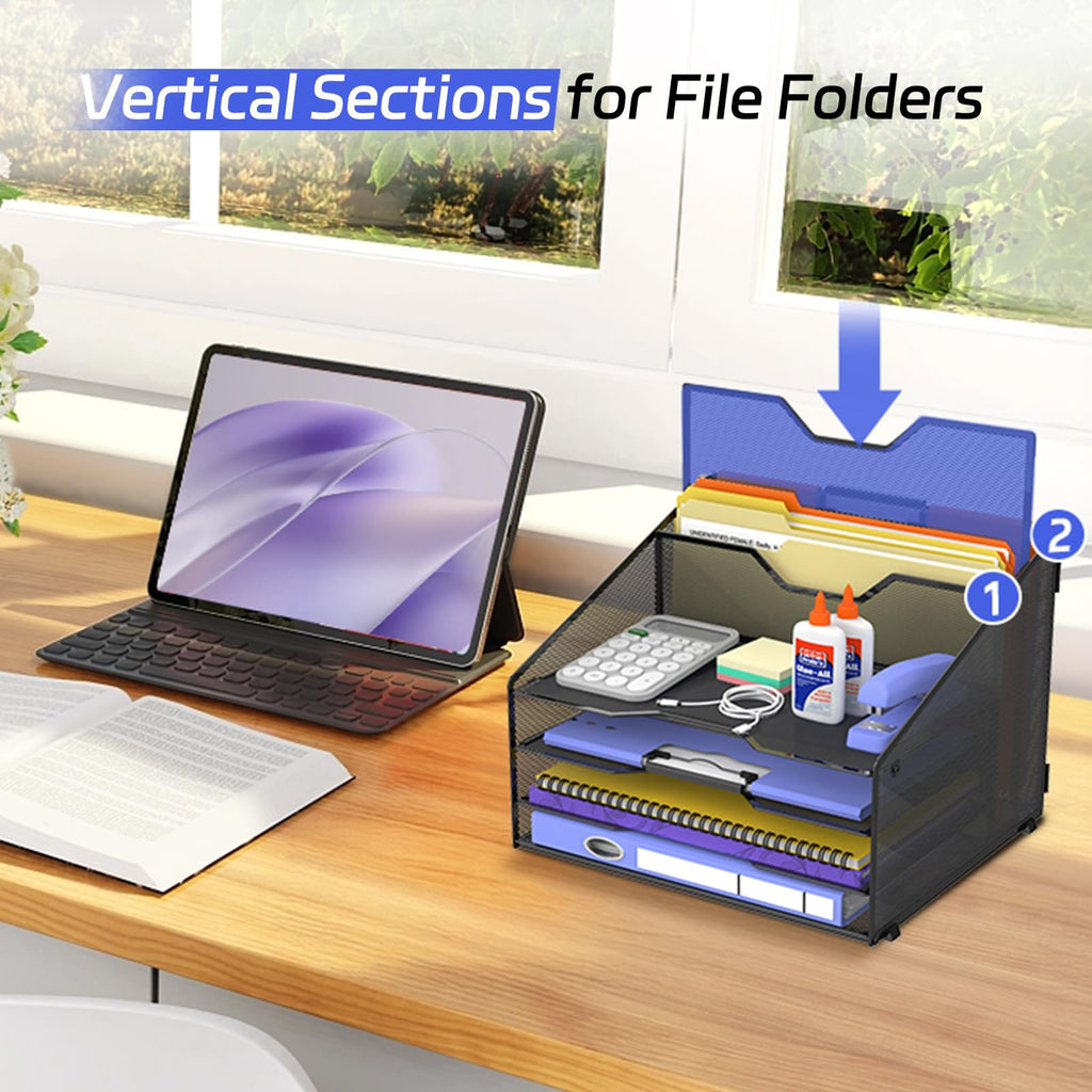 4-Tier Desk Organizer with File Holder, Desktop Letter Tray Holder with 3 Paper Trays and 2 Vertical Section for Folder, Black