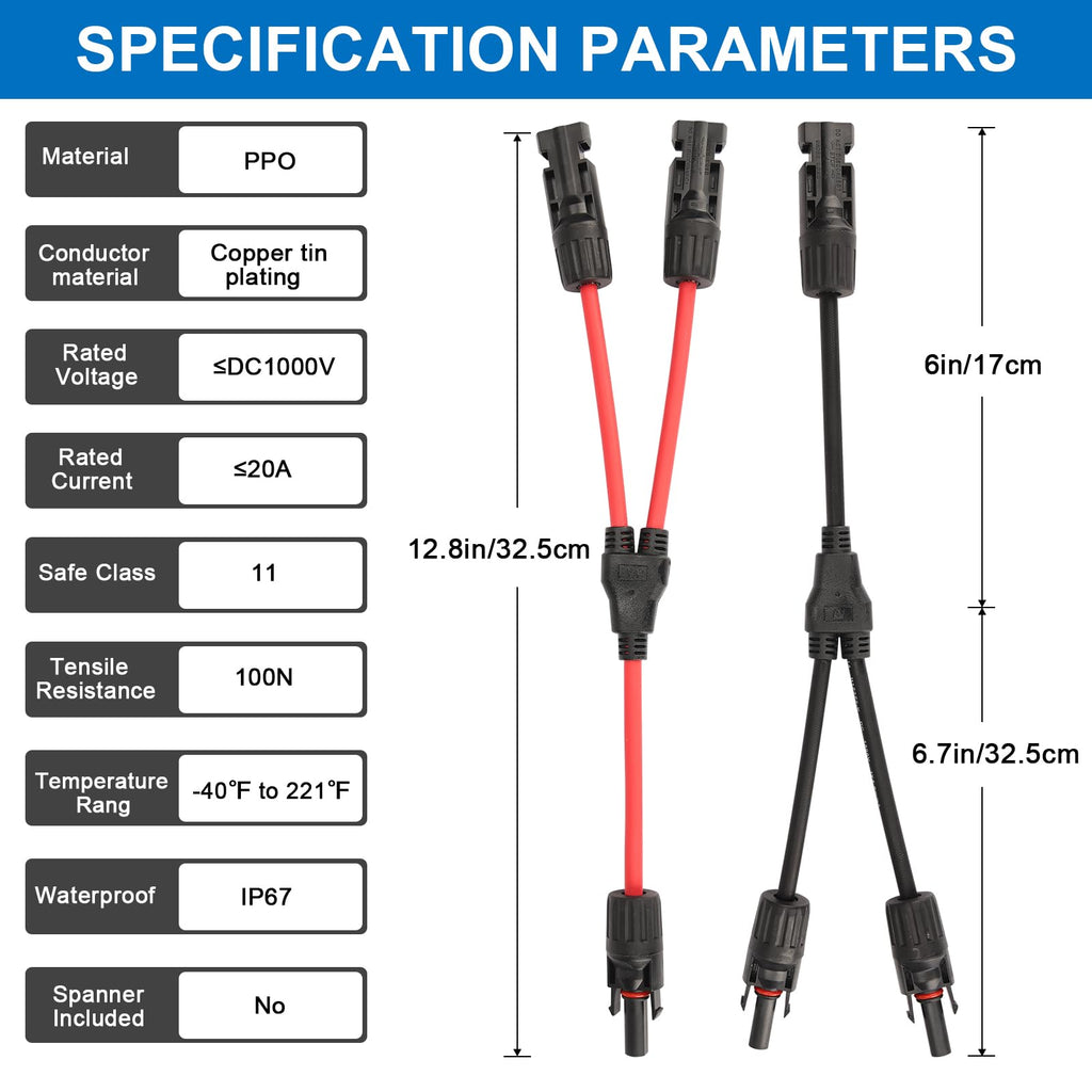 2 Pairs Solar Connectors Y Branch Parallel Adapter 10AWG 20A Y-Branch Wire Plug Tool Kit for Solar Panel(M/FF+F/MM)