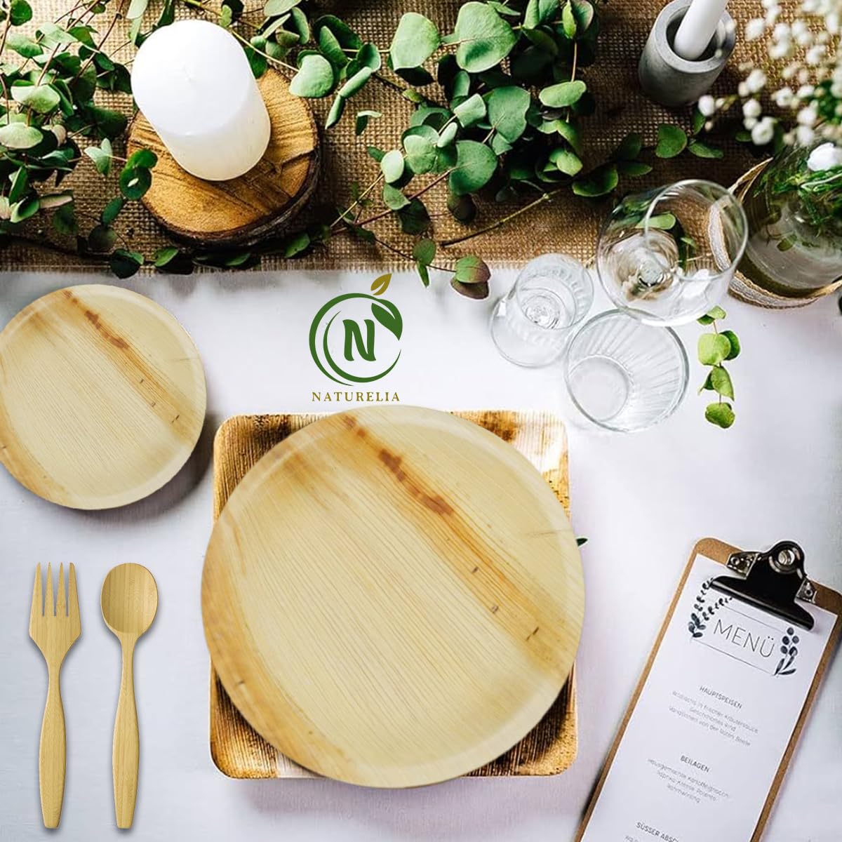 Naturelia 100% Compostable 8-Inch Palm Leaf Disposable Plates- Eco-Friendly, Biodegradable, Microwave & Oven Safe- Sustainable & Natural Cutlery Ideal for Weddings, Parties, Events
