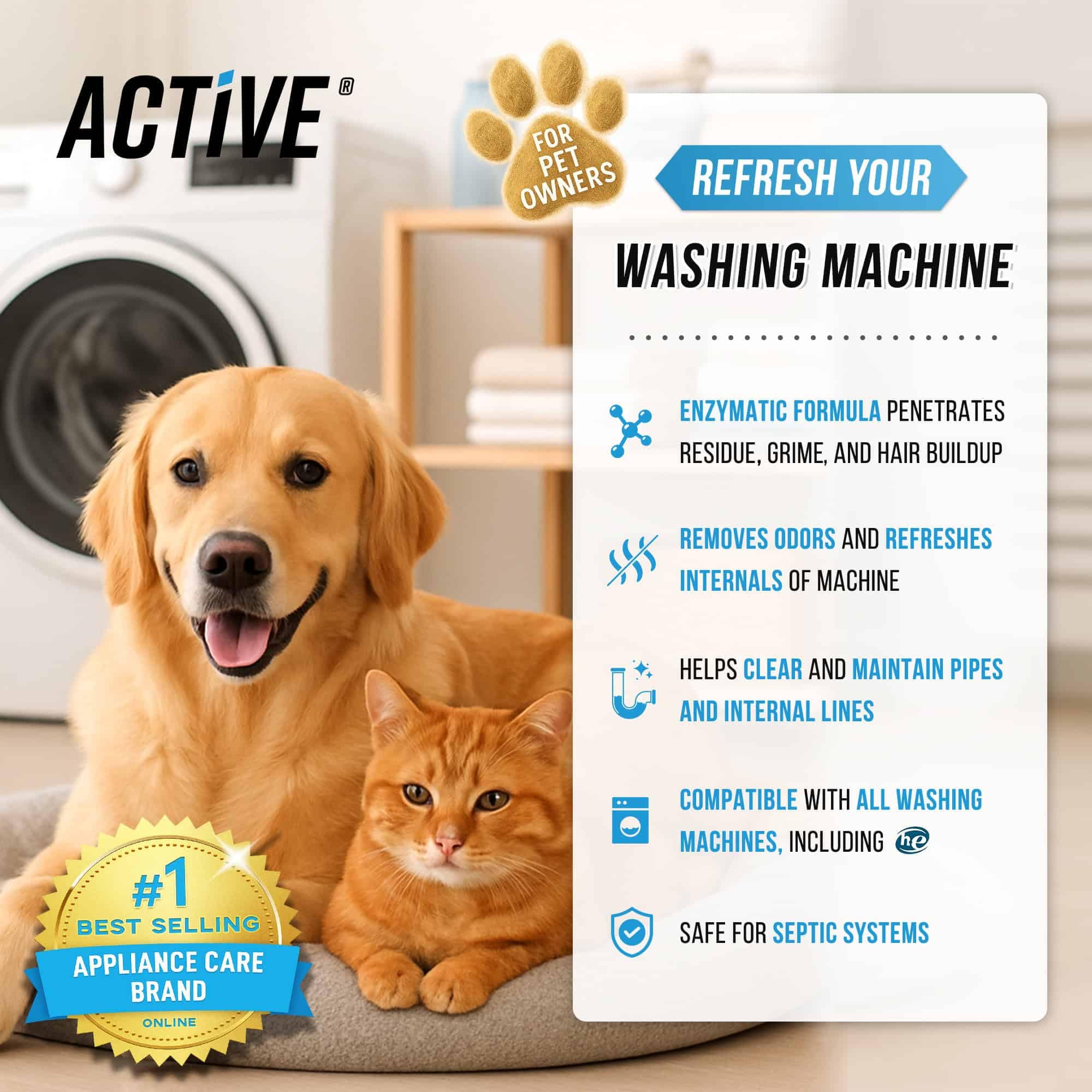 Washing Machine Cleaner for Pet Owners - ACTIVE Enzymatic Deep Clean Descaler for Cat & Dog Hair, Urine, Odor, Residue, 24 Septic-Safe Tablets for Top Load, Front Loader, HE Washer Tub - 1 Year Supply