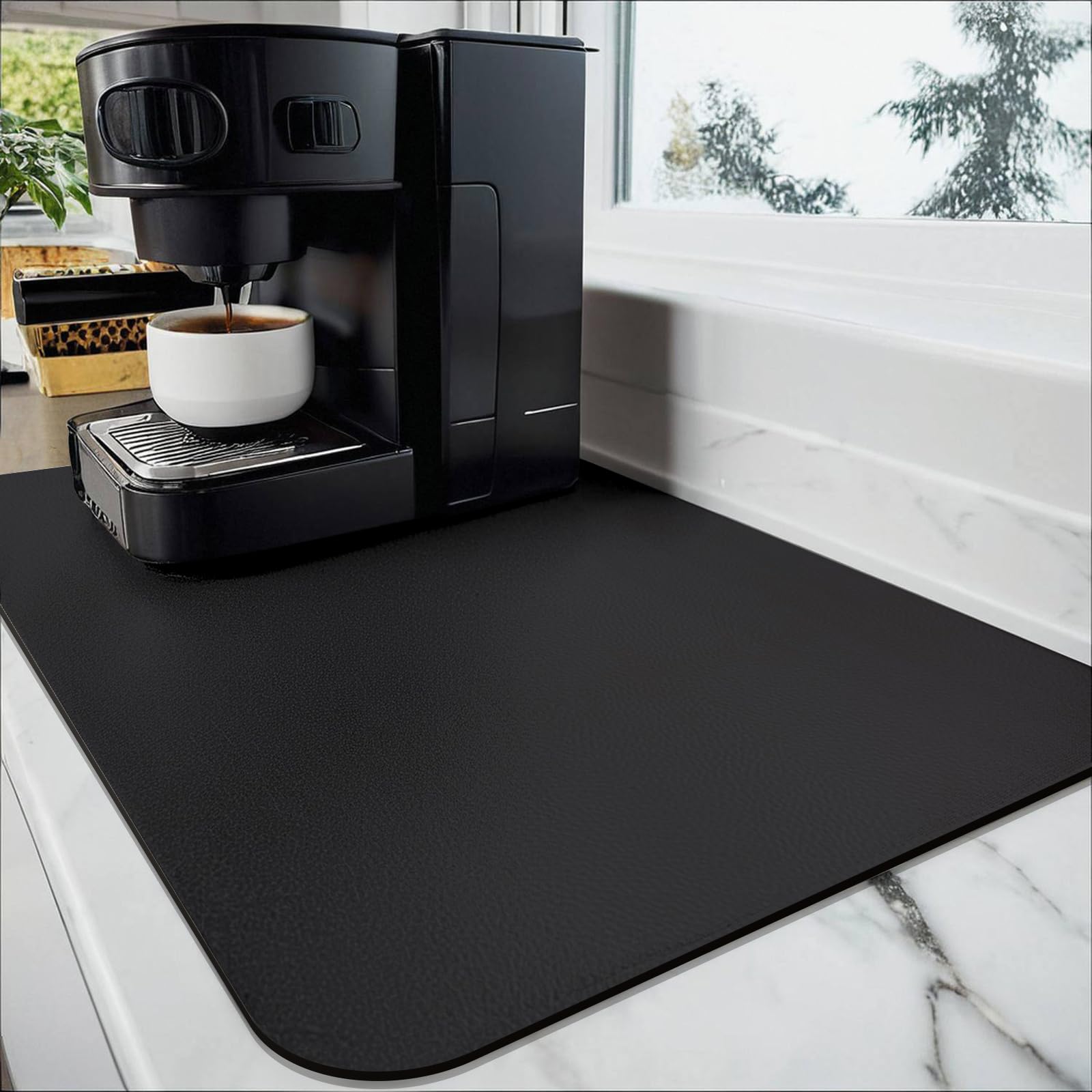 Coffee Mat-Coffee Bar Mat for Countertops, Hide Stain Absorbent Rubber Backed Quick Drying Mat Fit Under Coffee Maker Espresso Machine (Black, 16"x24")