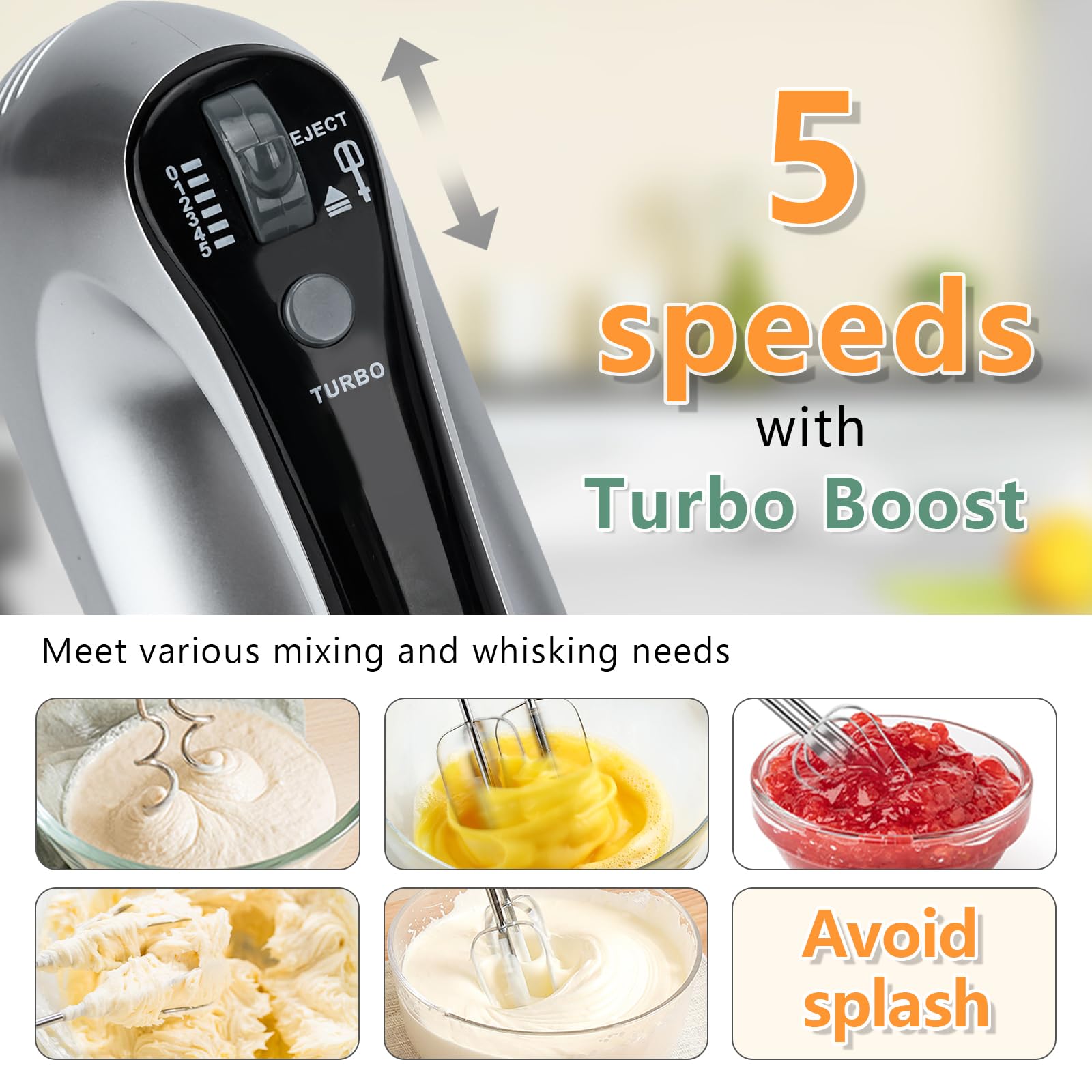 Hand Mixer Electric, Lychee 5 Speed 600W Ultra Power Handheld Mixer with Touch Button, Turbo, Storage Case, 6 Stainless Steel Accessories, Kitchen Aid Mixer for Cake Cookie Egg Cream Dough (Silver)