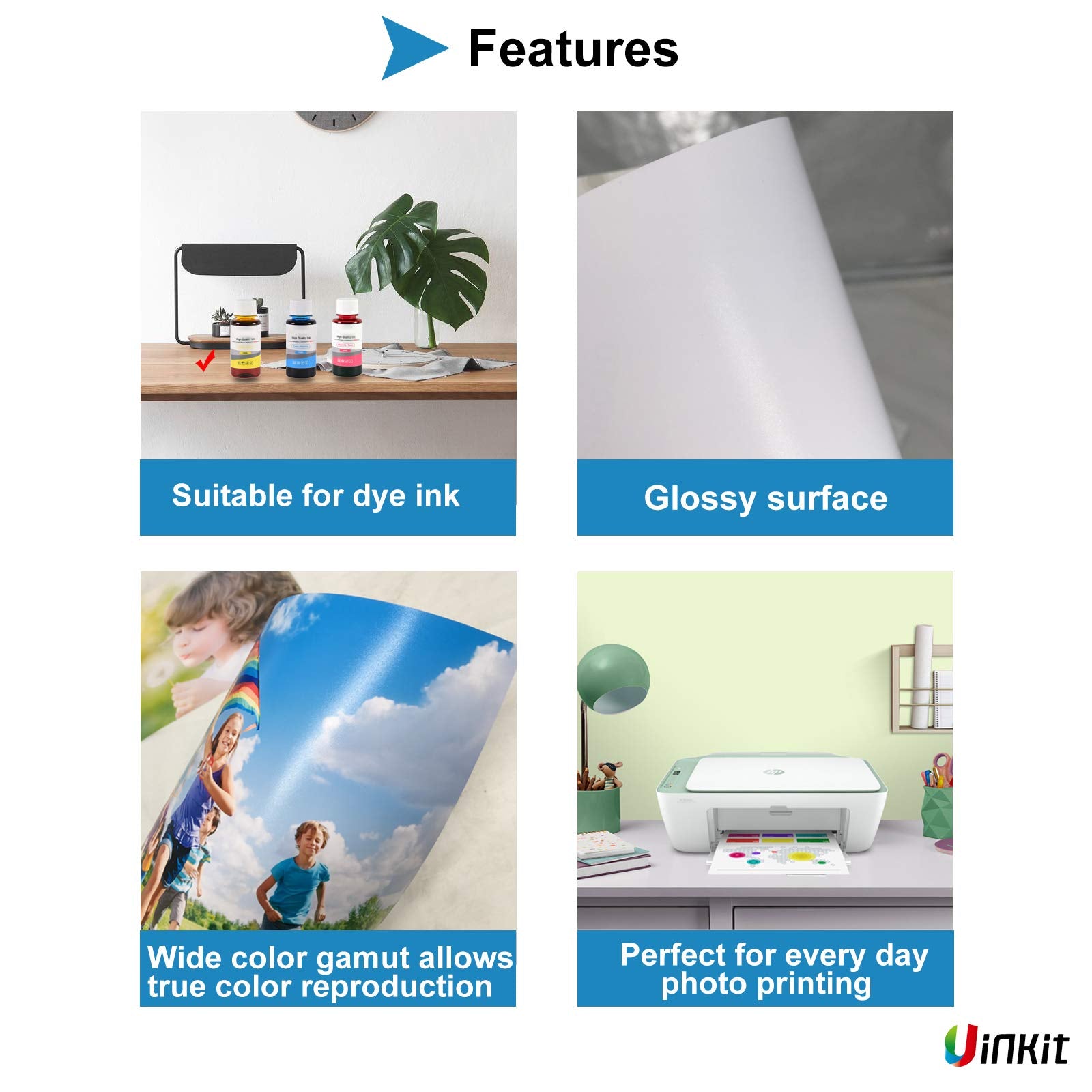 Uinkit 100 Sheets Thick Glossy Photo Paper Inkjet 8.5x11 Heavyweight 62lb 230gsm 11.1mil Cardstock Postcard for Dye Ink Printer A194