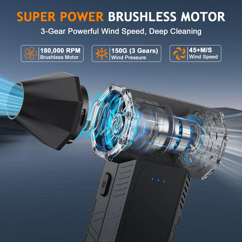 Compressed Air Duster - 180000RPM Powerful Electric Air Duster, 3 Gear Adjustable Cordless Air Blower, Rechargeable Dust Cleaner for Keyboard, Computer, House, Outdoor, Car