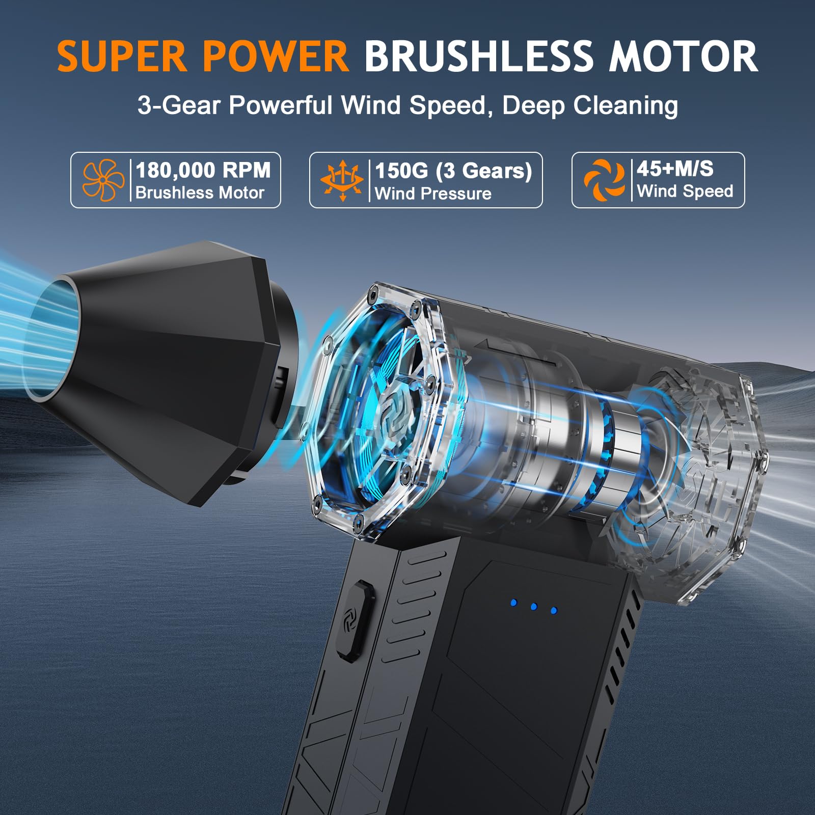 Compressed Air Duster - 180000RPM Powerful Electric Air Duster, 3 Gear Adjustable Cordless Air Blower, Rechargeable Dust Cleaner for Keyboard, Computer, House, Outdoor, Car