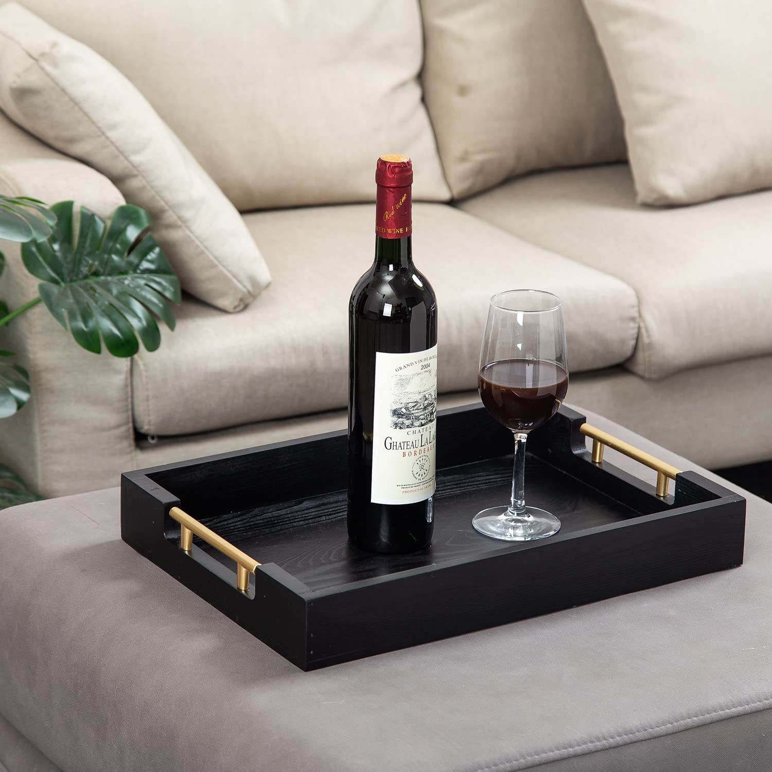 Decorative Coffee Table Ottoman Trays Modern Wood Elegant 16"x12" Rectangle Glossy Shagreen Serving Trays with Gold Metal Handles -Drinks, Liquor Serving Platter for All Occasion's(Black)