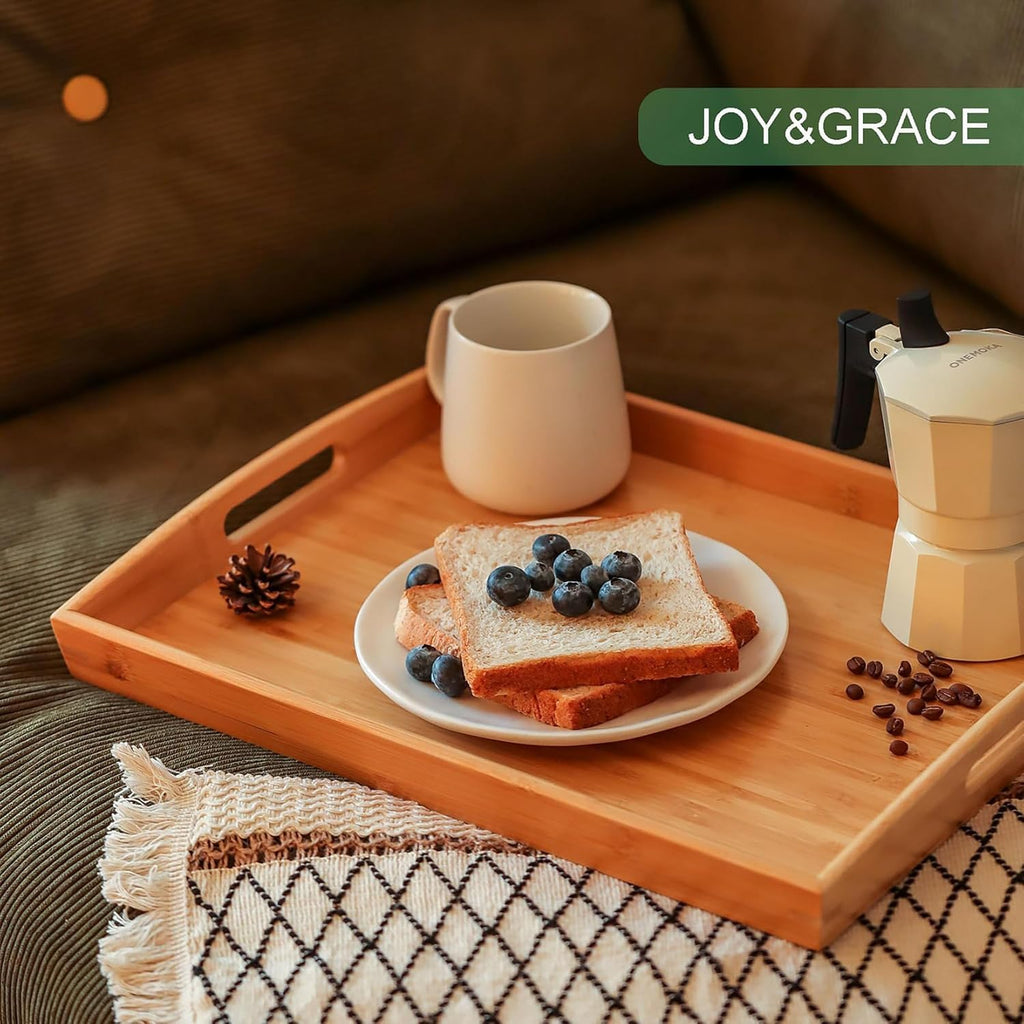 Joy&Grace Bamboo Serving Tray with Handles, Dinner Food Tray for Bed Breakfast Eating and Serving, for Coffee Table Ottoman TV, Decorative Wood Large Charcuterie Platter 42.6 x 32.5 cm 1 Pack