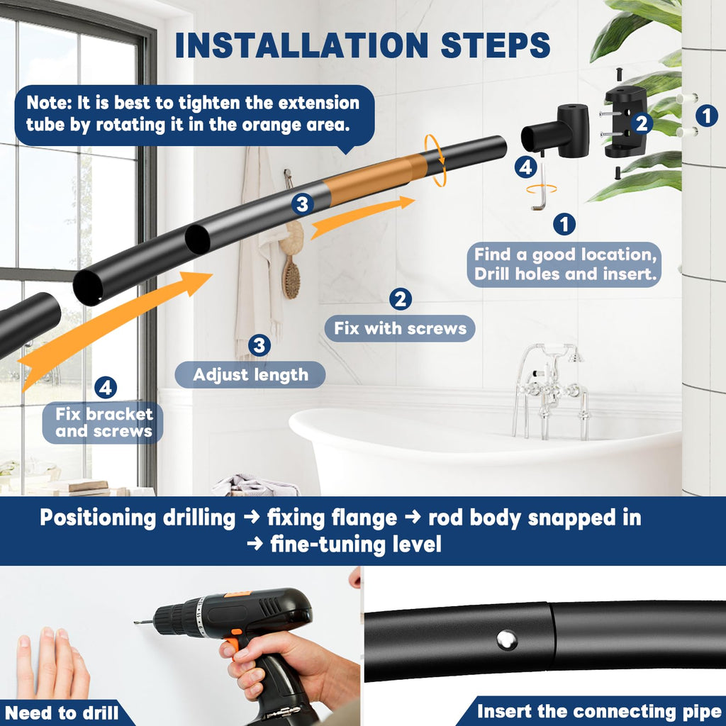 Abiglifty Curved Shower Curtain Rod, 43-78 Inches Adjustable Curved Shower Rod, Shower Curtain Rod, Round Extra Wide Shower Rod for Bathroom, Bathtub, Stall, Need to Drill, Black (43-78 Inches)