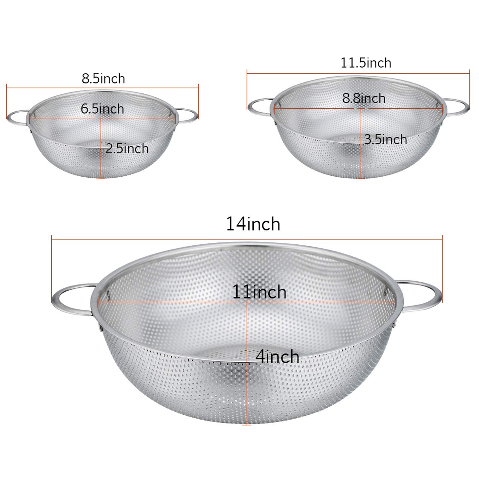 P&P CHEF Colander Set of 3, Stainless Steel Micro-Perforated Colanders Strainers for Draining Rinsing Washing, Ideal for Pasta Vegetables Fruits, Heavy Duty & Dishwasher Safe - 1/3/5 Quart