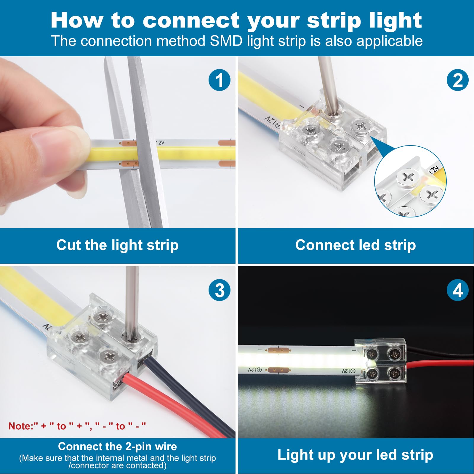 RGBZONE 15 PCS 2-pin 8mm LED Connectors Transparent Gapless Solderless LED Strip to Wire Connector with Screwdriver for 12V 24V COB/SMD Single Color LED Light Strips