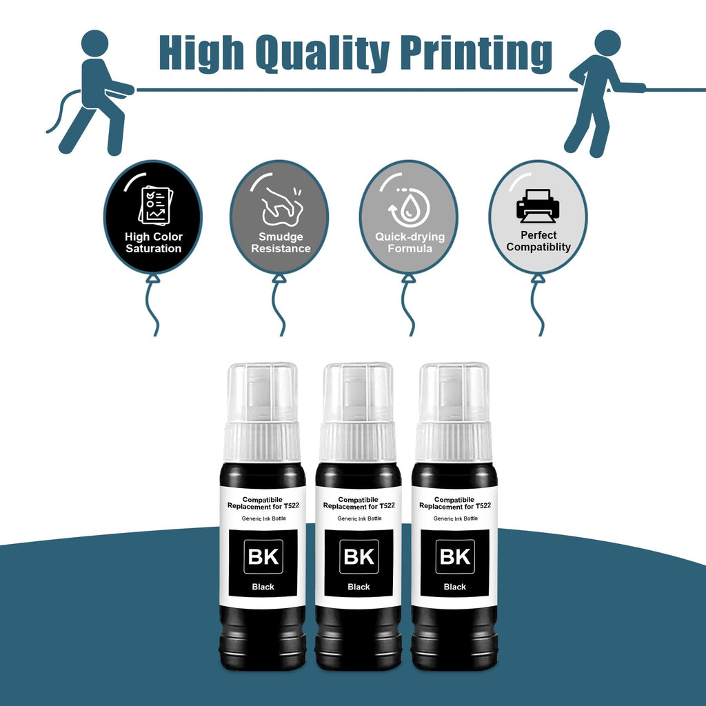 Compatible T522 Black Ink Bottle Refill, Replacement for T522 Ink Refill Compatible for ET-2720 ET-2800 ET-2803 ET-4800 ET-4700 ET-2400 ET-2840 ET-4810 Printers, 3 Black 522 Ink