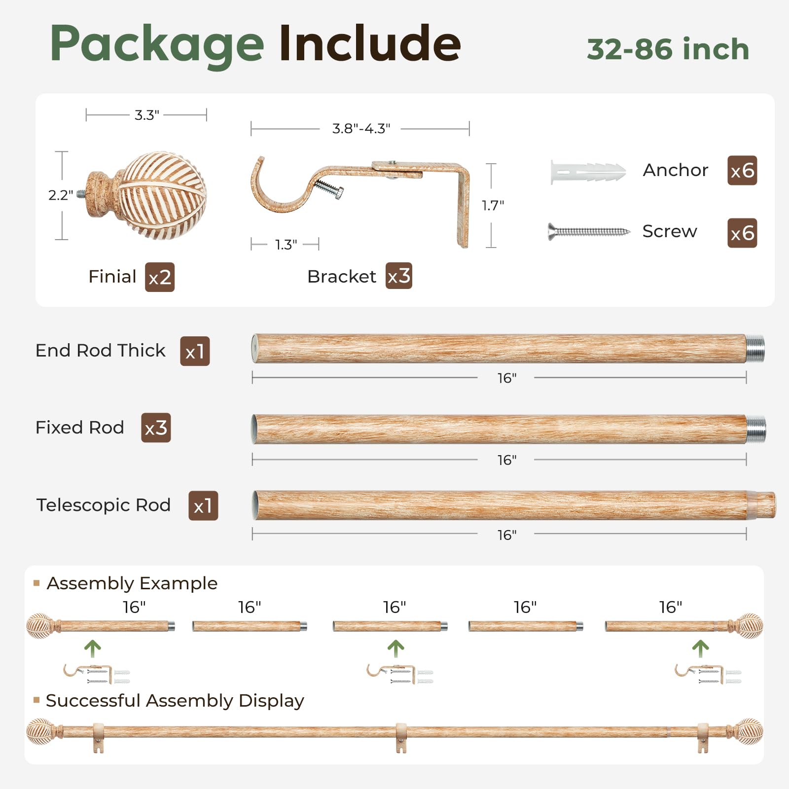 Zeerobee Wood Curtain Rods for Windows 48 to 84, 1 Inch Heavy Duty Drapery Rods with Imitation Wood Grain Leaf Pattern Finials, Indoor/Outdoor Modern Curtain Pole, 32"-86", Brown