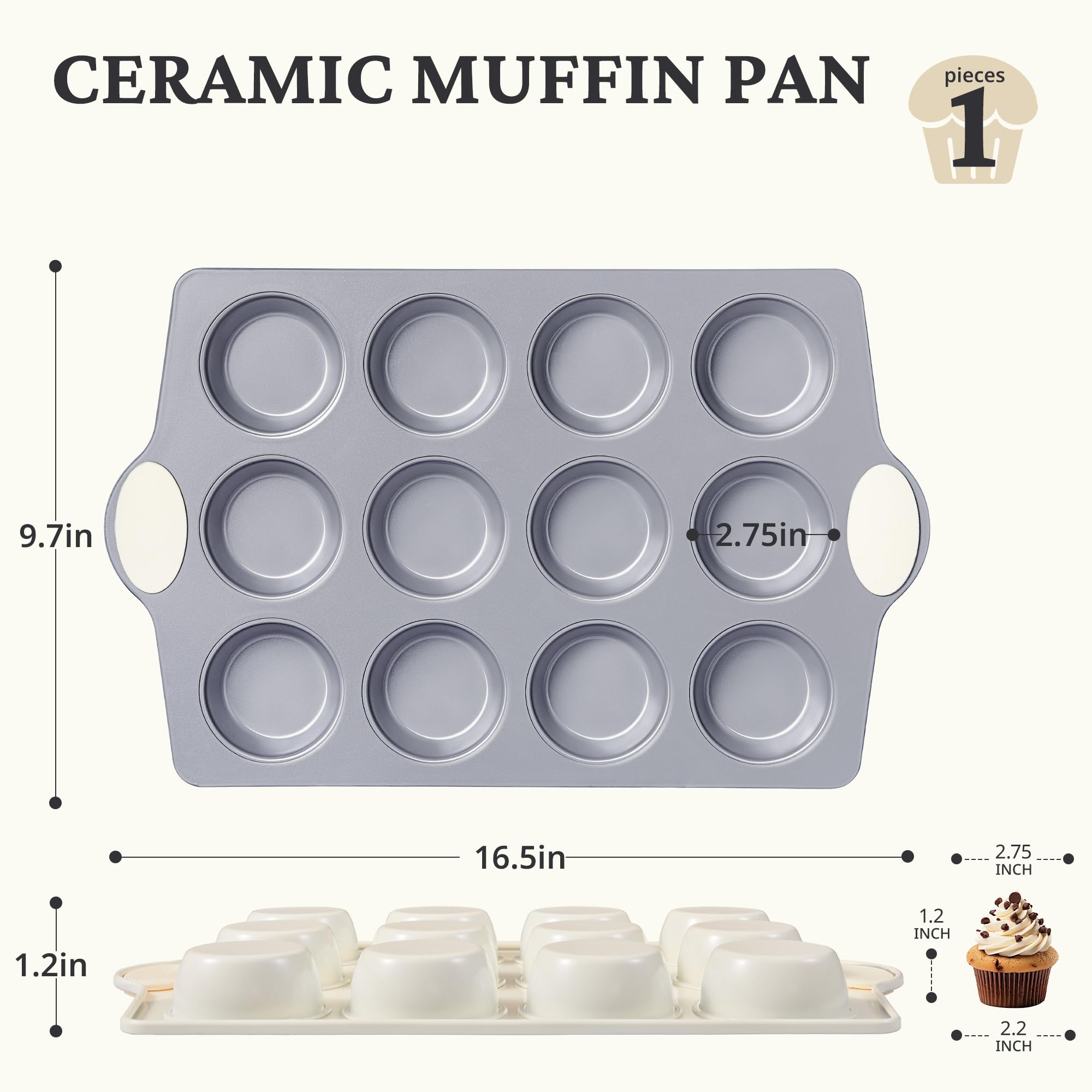 BRONYPRO 12-Cup Non Toxic Nonstick Ceramic Muffin Pan & Cupcake Tin, PFOA & PFOA Free, Heavy Duty Rust-Resistant Aluminized Steel, Oven Safe, Cream White