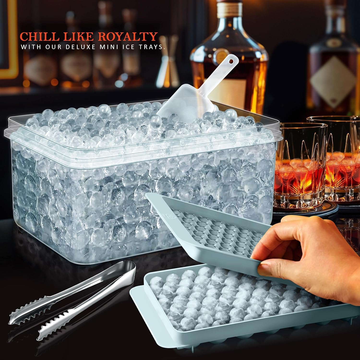 Oillase Mini Ice Cube Trays, Small Tiny Round Pebble Crushed Nugget Ice Trays for Freezer with Lid - Chilling Drinks Coffee Juice(4 Pack/0.55In - Blue)