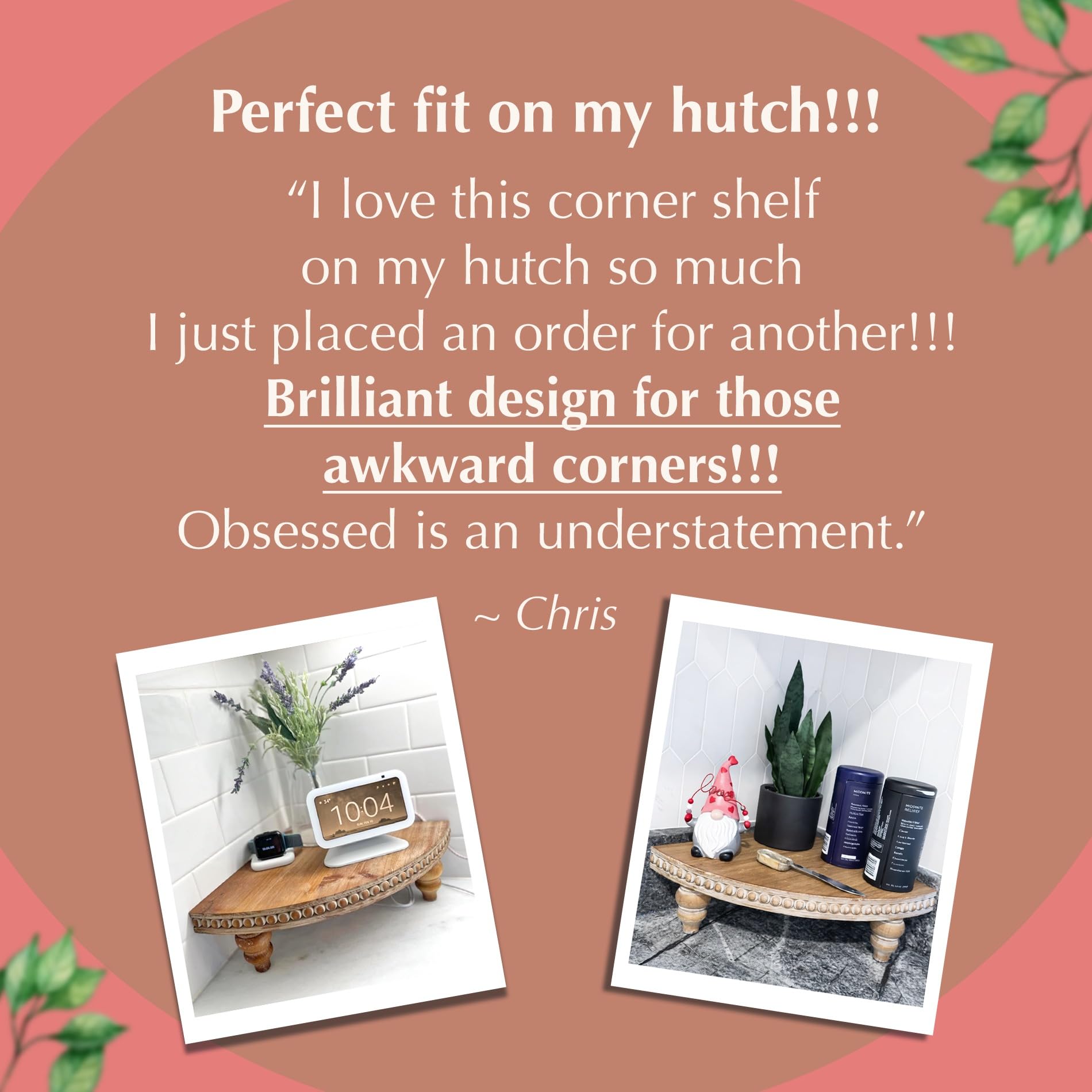 Farmhouse Corner Shelf Stand [with Removable Feet] - Bathroom Countertop Organizer, Decorative Tray Riser, Beaded Wooden Tray, Corner Tray Plant Stand, Coffee Bar Organizer for Kitchen Countertop