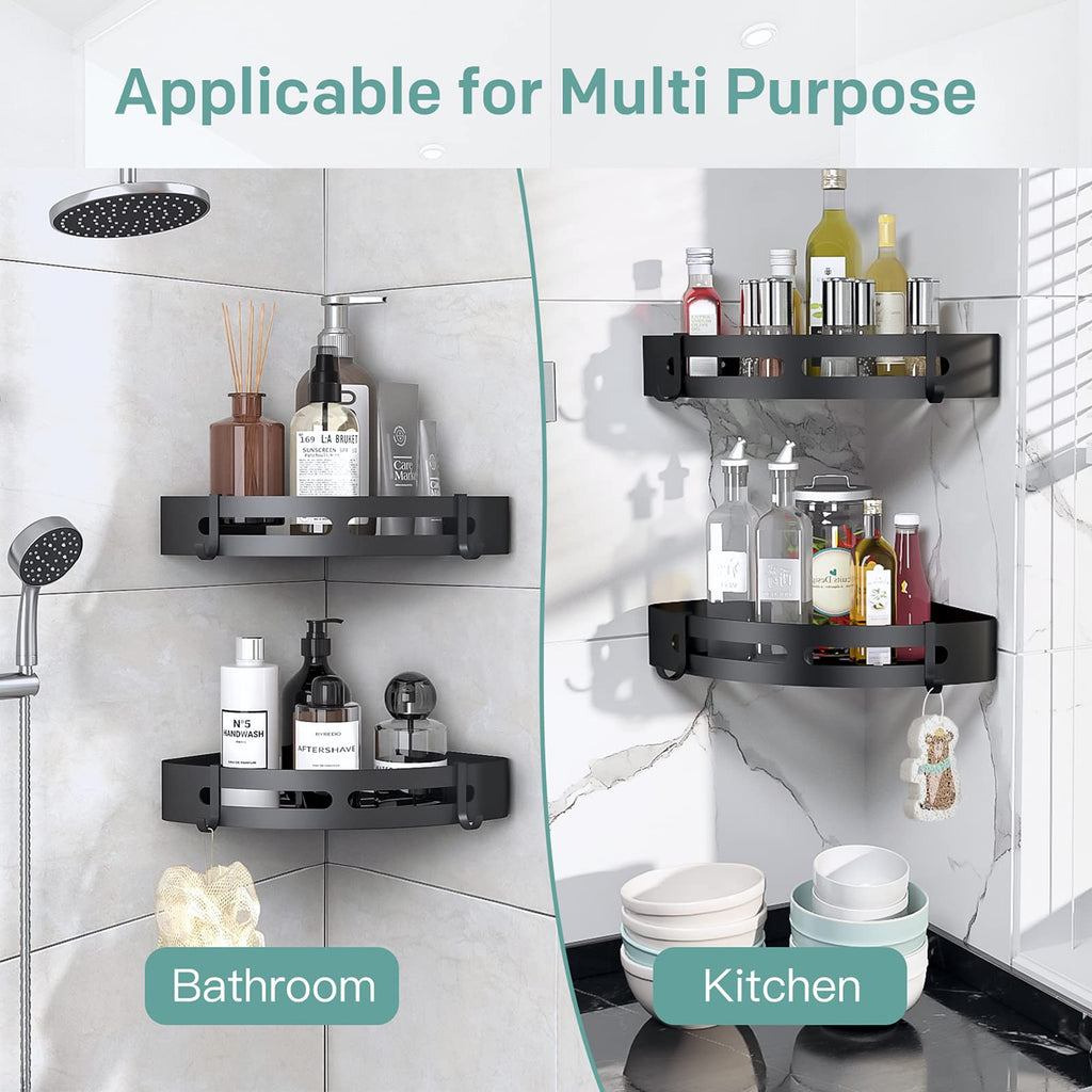 Mayhomy Shower Shelves Corner Caddy - 2 Piece No-Drill Shower Shelf Organizer, Adhesive Bathroom Shampoo Holder with 4 Hooks (Matte Black)