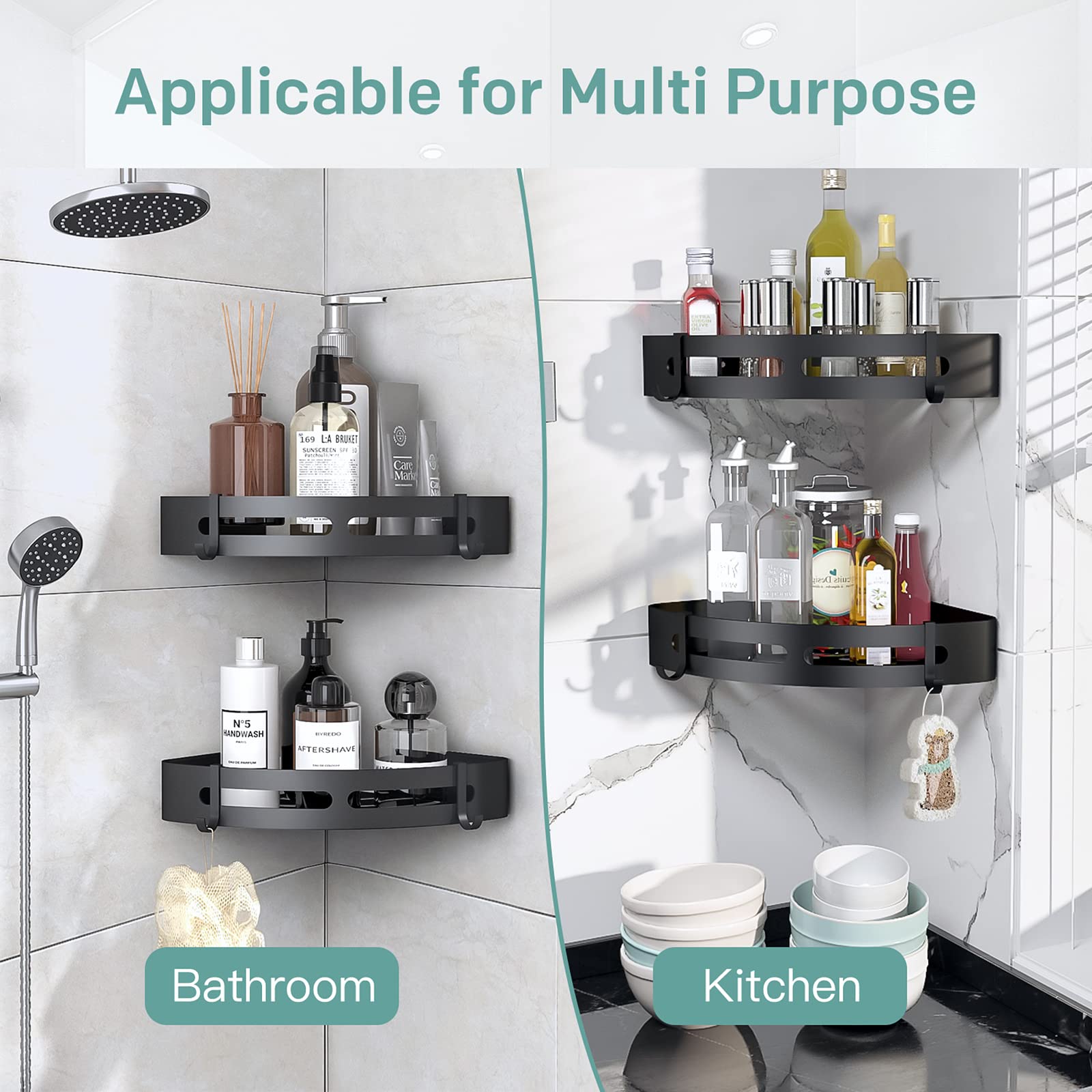 Mayhomy Shower Shelves Corner Caddy - 2 Piece No-Drill Shower Shelf Organizer, Adhesive Bathroom Shampoo Holder with 4 Hooks (Matte Black)