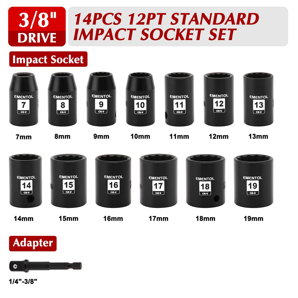 EMENTOL 14PCS 3/8" Dr. Standard Impact Socket Set, Metric, 12-Point, CR-V, 14 Pieces 3/8-Inch Drive Shallow Socket Set, 7mm - 19mm