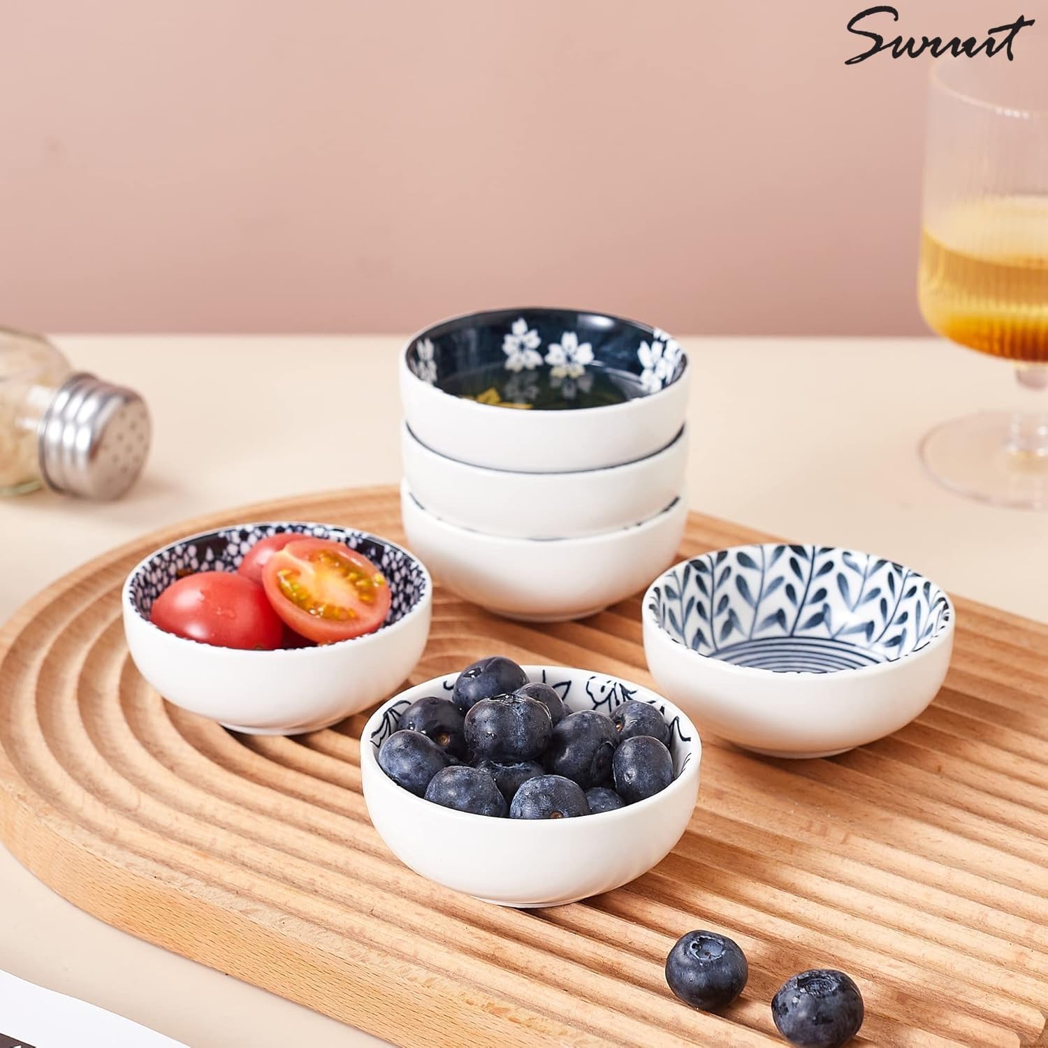 Swuut Japanese Style Ceramic Dipping Bowls,3'' Small Pinch Bowls Set Side Sauce Cups,Dishes for Sushi,Snack and Soy,BBQ,2.5 Oz Blue and White Mini Bowl for Kitchen Prep - Set of 6 (3 inch)
