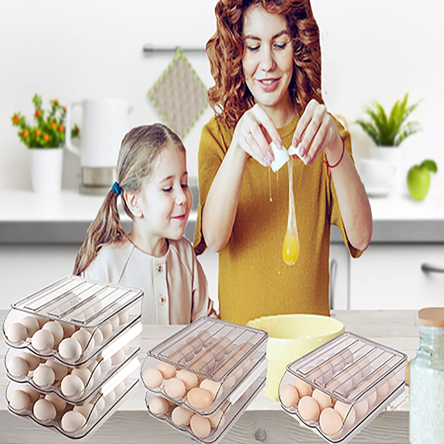 2-Tier Auto Rolling Egg Storage Container for Refrigerator, Clear Plastic Egg Tray with Lids, Large Capacity Kitchen Fridge Organizer Bin for 36 Eggs