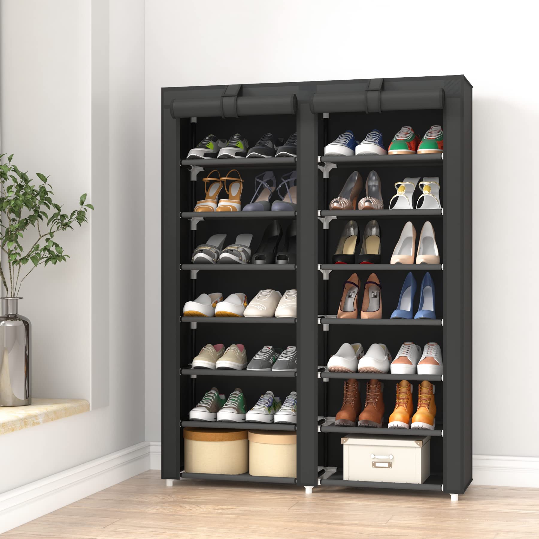 JIUYOTREE 7 Tier Shoe Rack Storage Organizer with Big Capacity,Double Row Shoe Cabinet,Shelf,Closet with Nonwoven Fabric Cover,Black