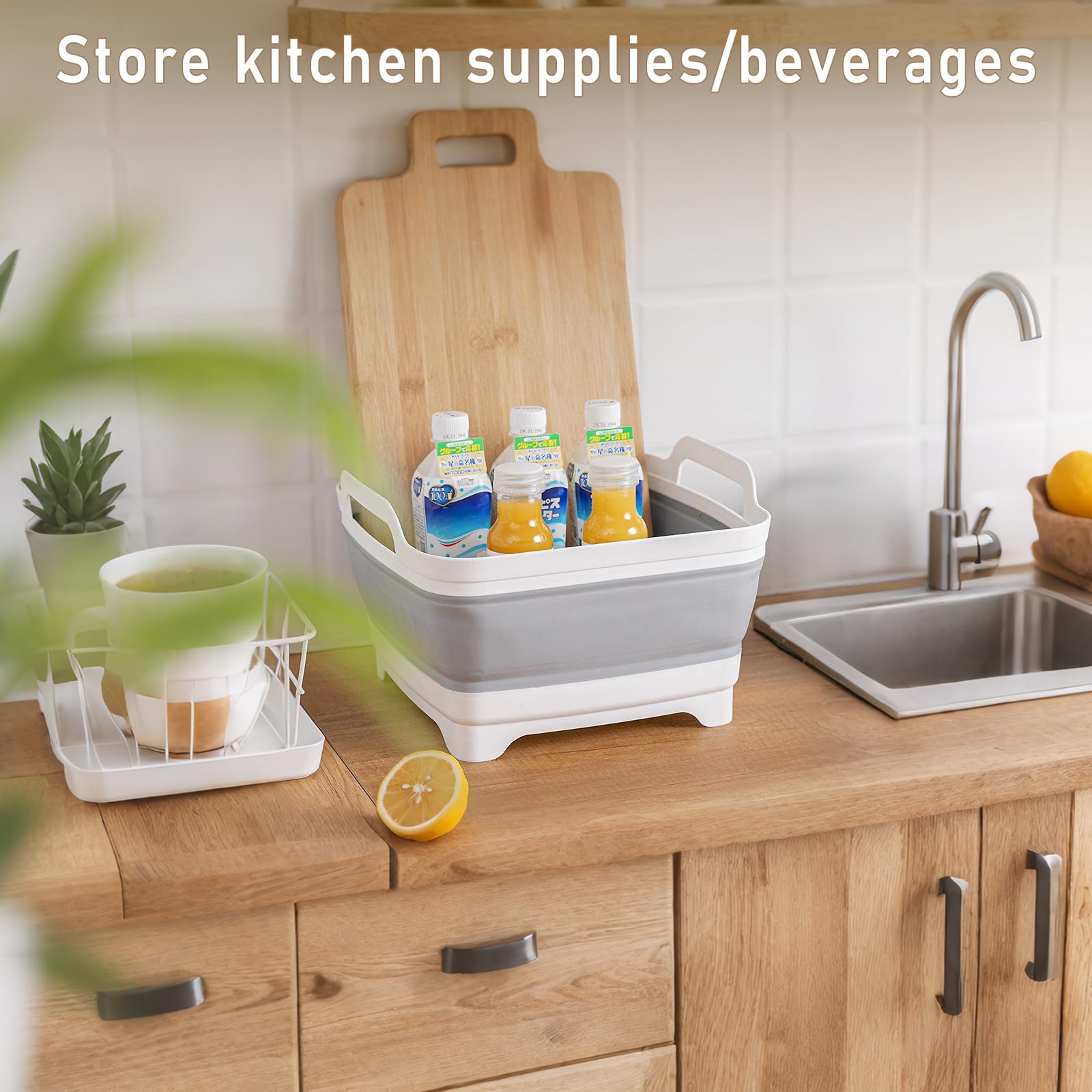 NIKONIKO Collapsible Sink, 9L Portable Wash Basin with Handle and Drain Plug, Grey