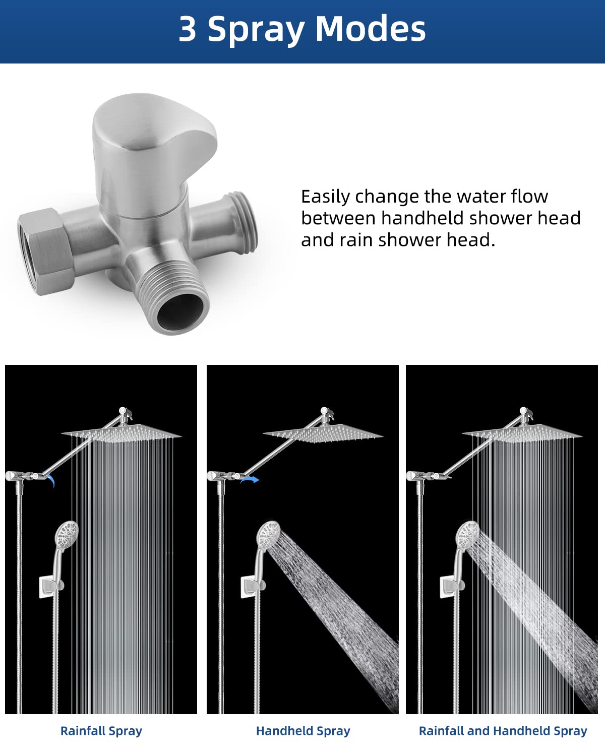 Hibbent All Metal Solid Brass Shower Arm 3-Way Diverter Valve for Hand Shower and Fixed Shower Head, G1/2'' Shower Arm T Adapter, Bathroom Universal Shower System Replacement Part, Chrome