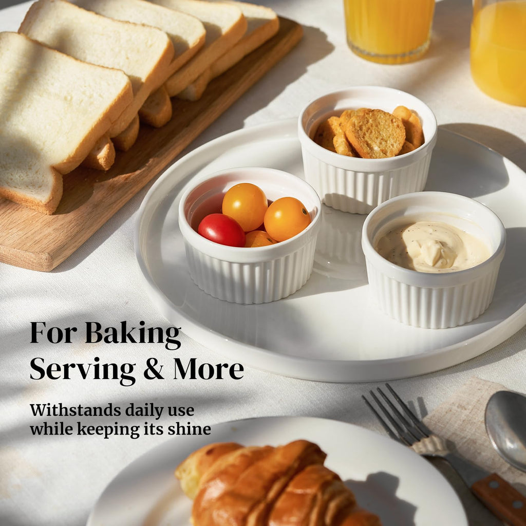 DOWAN 8 oz Ramekins for Creme Brulee Porcelain Oven Safe, Classic Style Souffle Ramekins for Baking, Bowls Set of 6, White