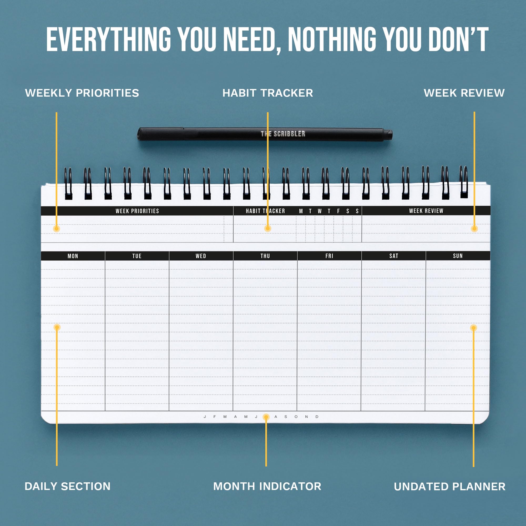 2026 Weekly Planner | Undated Daily Monthly Productivity Pad with Habit Tracker, Weekly To Do List & Free Pen | Spiral-Bound Desk Organizer Notepad for Adhd, Work, College & Home | Lasts 1 Full Year