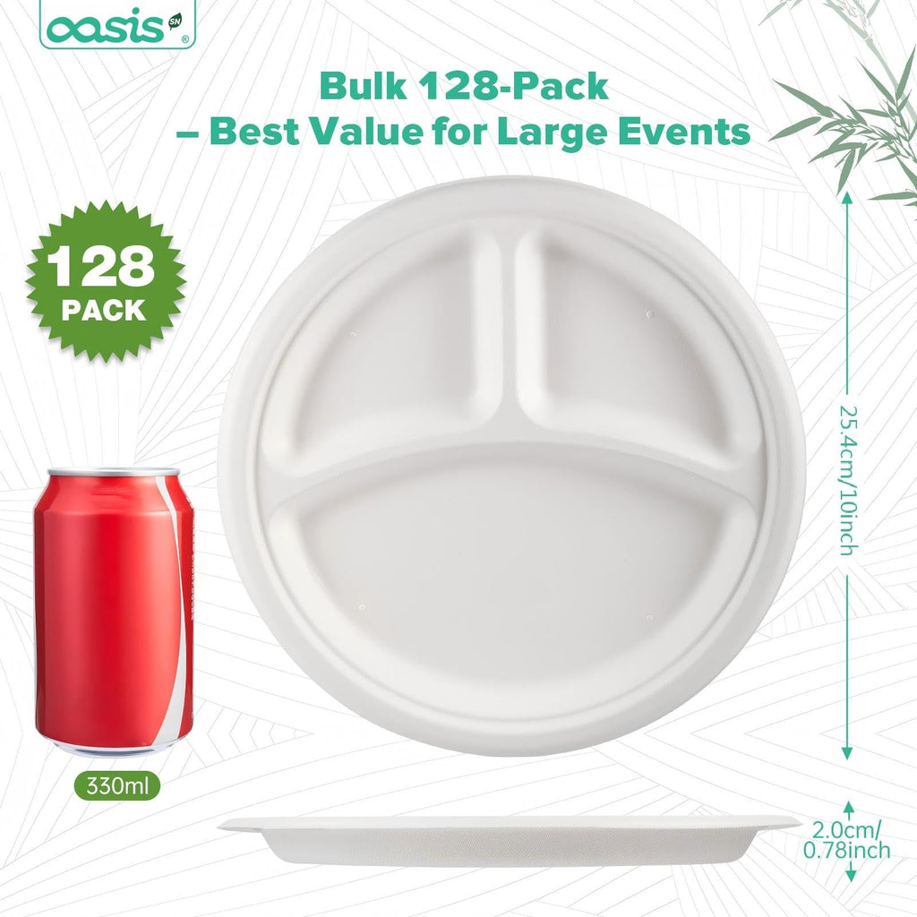 OasisSN [10 inch, 128-PACK] 3-Compartment Disposable Paper Plates, Compostable Heavy-Duty Divided Plates for Meal Prep, School Lunches & Party Buffets (White)
