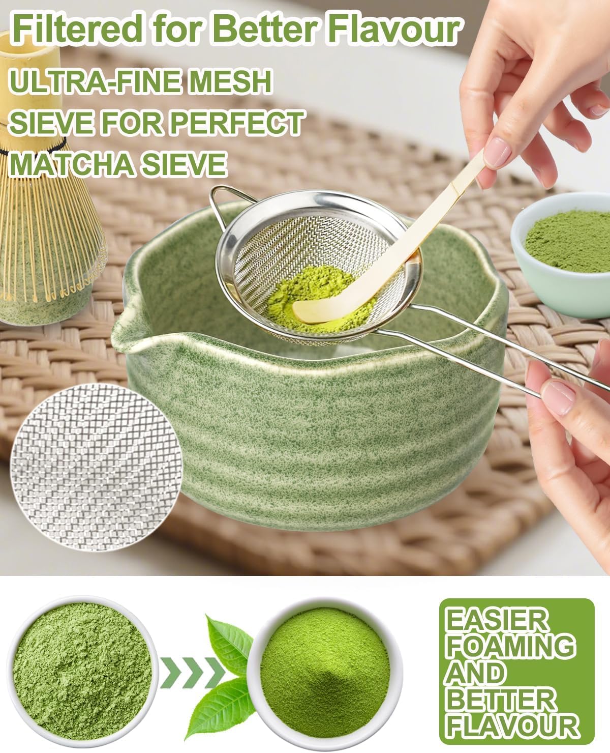 Matcha Set Matcha Tea Set 7 Pcs - Bamboo Matcha Whisk, Matcha Bowl with Spout, Matcha Whisk Holder, Sieve, Spoon and Holder, Japanese Matcha Accessories for Matcha Lover - Classic Green