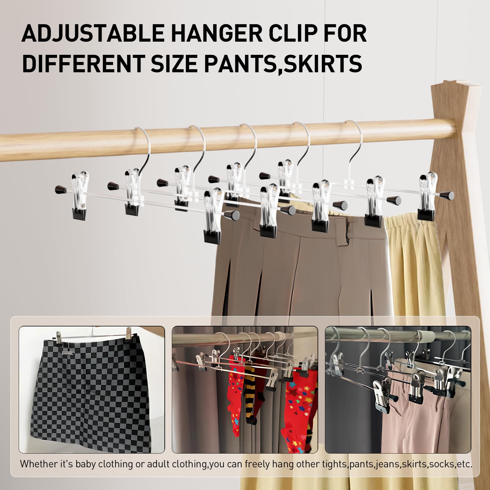 Pants Hanger, IDMAX Trouser Hangers 20 Pcs Space Saving Skirt Hangers with Clips Pant Hangers Adjustable Non-Slip Coat Suit Skirt Hangers Heavy Duty Chrome Clothes Hangers Clothes Hook