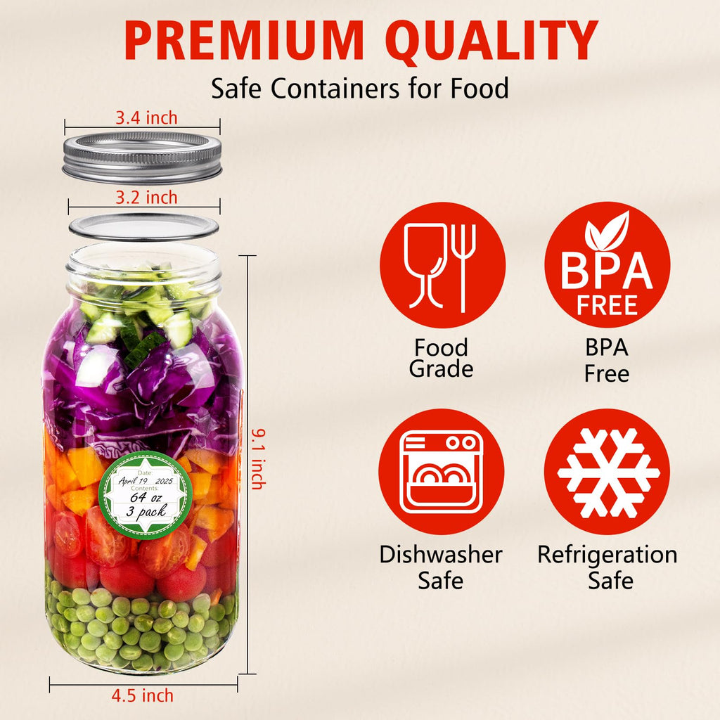 UrSpeedtekLive 64 oz Wide Mouth Mason Jars with Lids and Bands, 3 Pack Half Gallon Canning Jars, Large Glass Jars for Pickling, Preserving, Meal Prep