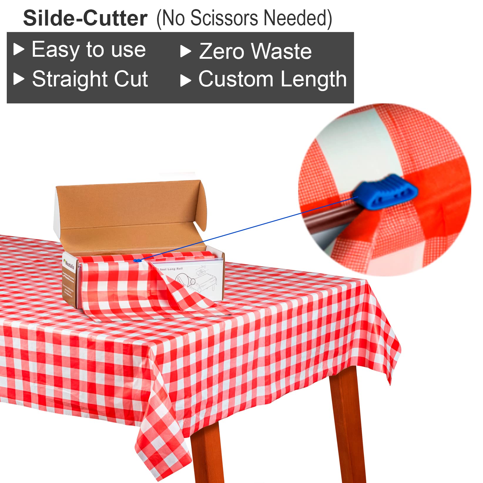 Neatalia Red Checkered Plastic Table Cover Roll - 54 in X 120 Ft - Disposable Red Checkered Table Cloth Roll with Cutter Box Great for Parties and Banquets Disposable Tablecloth Rolls | 6 Cover Clips
