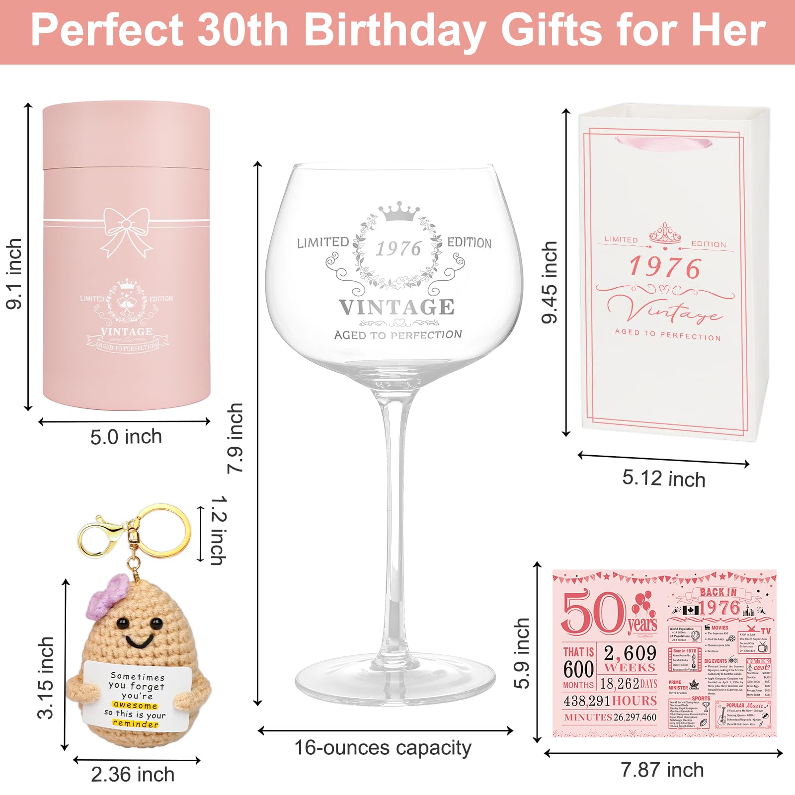 50th Birthday Gifts for Her,Vintage 1976 Platinum Print Wine Glass, 50th Birthday Decorations for Women, 1976 50 Year Old Gift Ideas for Women, Wife, Friends - 16Oz Wine Glass