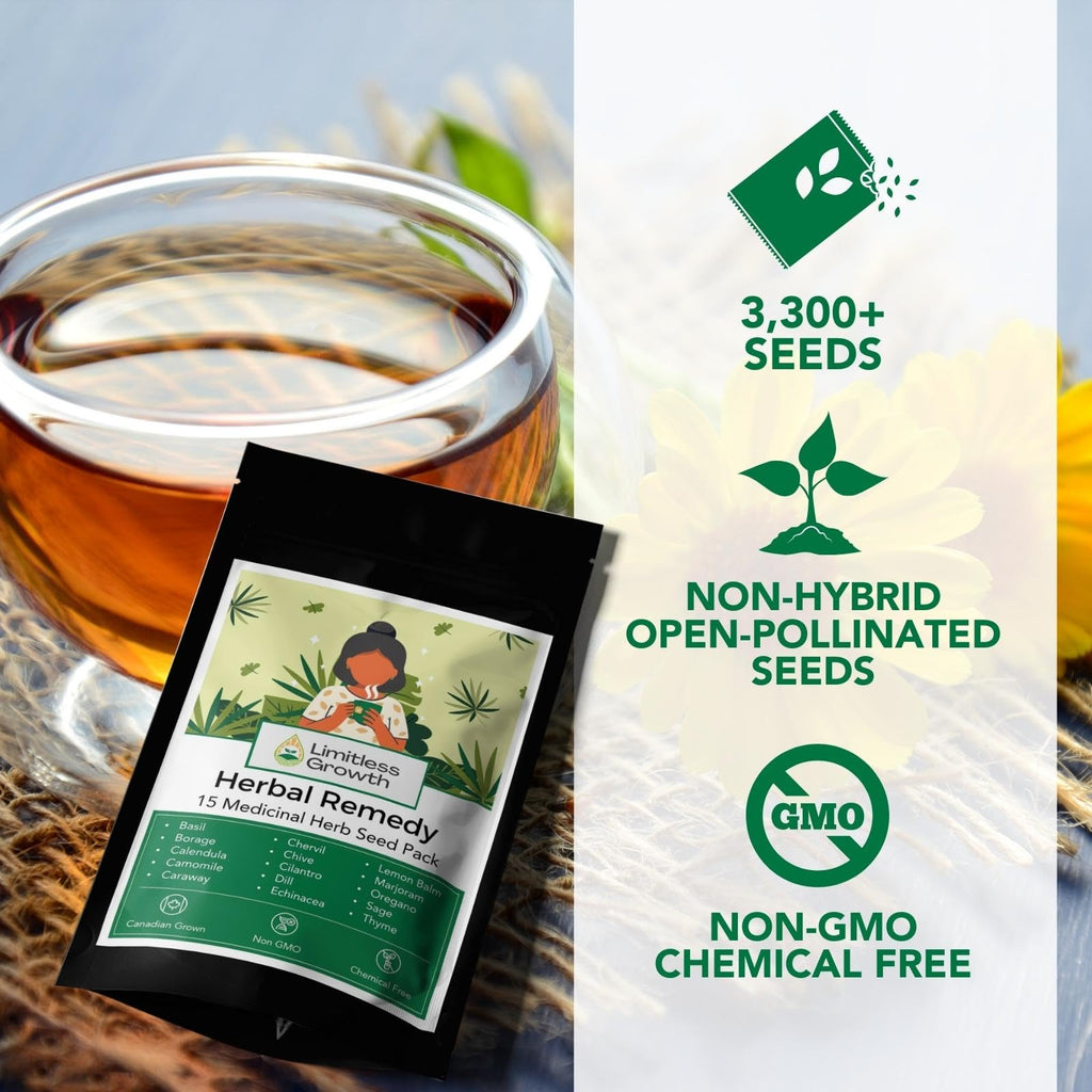 Herbal Remedy Seed Pack | 15 Varieties of Flower & Herb Seeds for Your Medicinal Garden | Easy to Grow, Balcony-Friendly | Borage, Basil, Calendula, Chamomile, Caraway & More | Limitless Growth