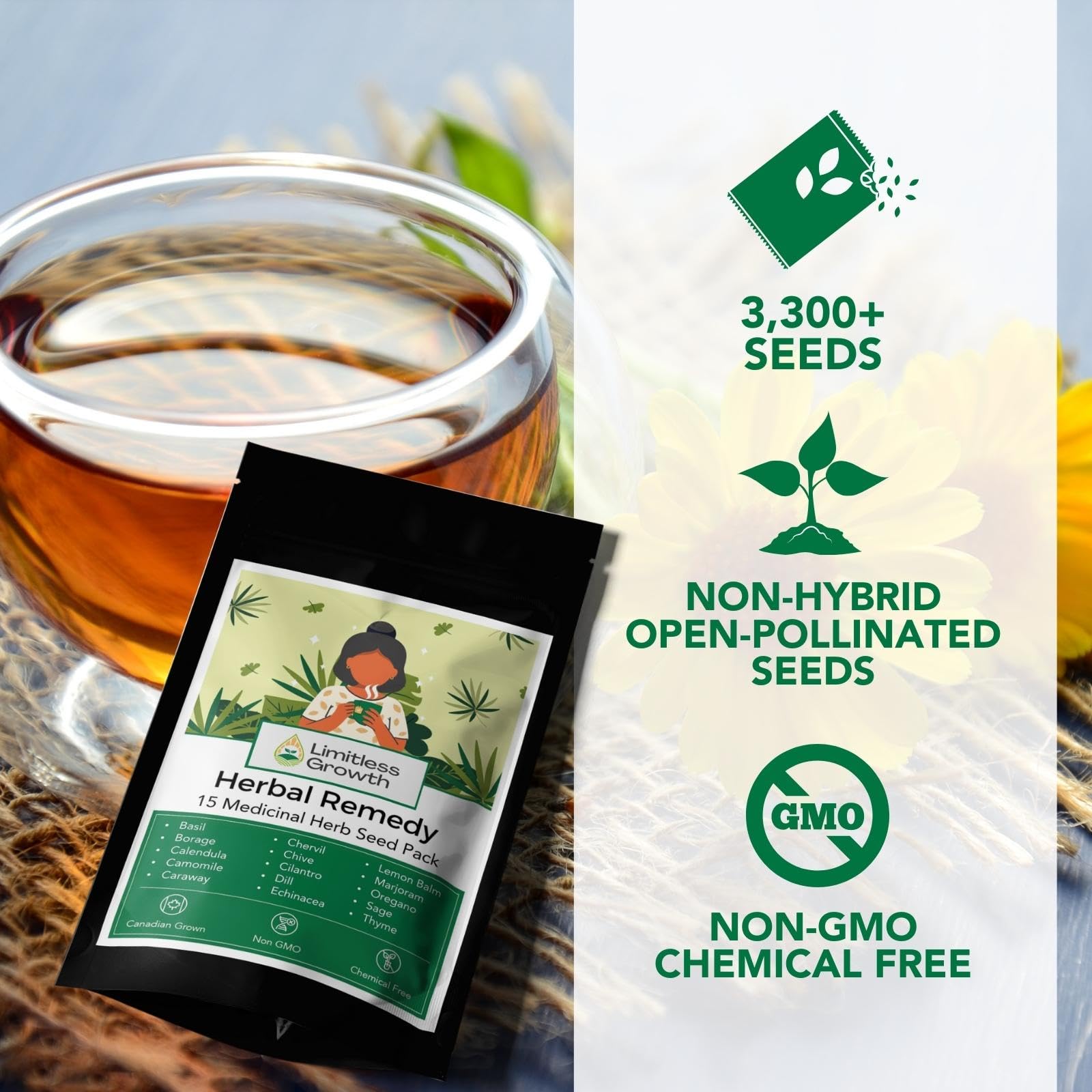 Herbal Remedy Seed Pack | 15 Varieties of Flower & Herb Seeds for Your Medicinal Garden | Easy to Grow, Balcony-Friendly | Borage, Basil, Calendula, Chamomile, Caraway & More | Limitless Growth