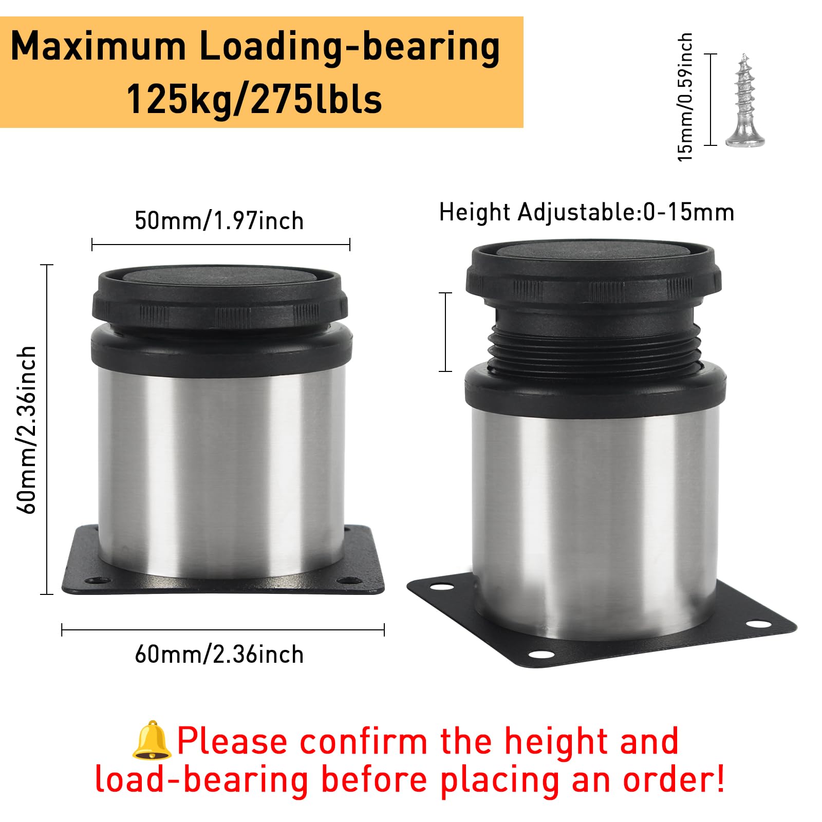 TamBee Furniture Cabinet Metal Legs Adjustable Stainless Steel Kitchen Feet Round Black and Silver 50 x 60 x 60mm Pack of 4