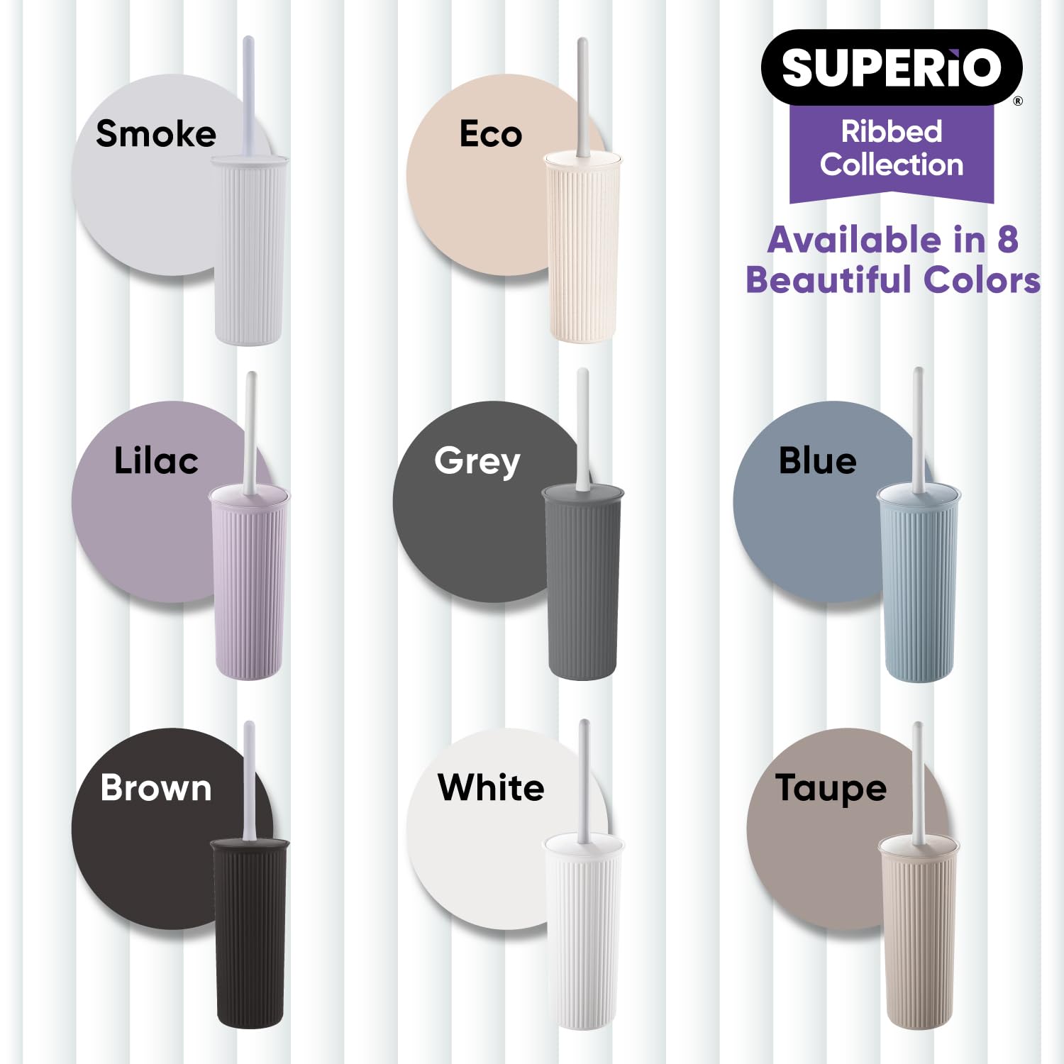 Superio Ribbed Collection - Decorative Plastic Toilet Bowl Brush and Holder Set, Lilac Purple (1 Pack) Cleaner Scrubber for Bathroom