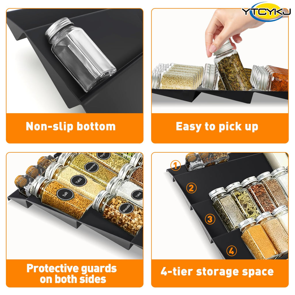 Spice Drawer Organizer with 180 Labels,4 Tier 2 Pack Drawer Seasoning Organizer with Guardrail,Spice Rack Organizer Expandable from 30 cm to 60 cm for Kitchen Drawers,Cabinets,Countertop