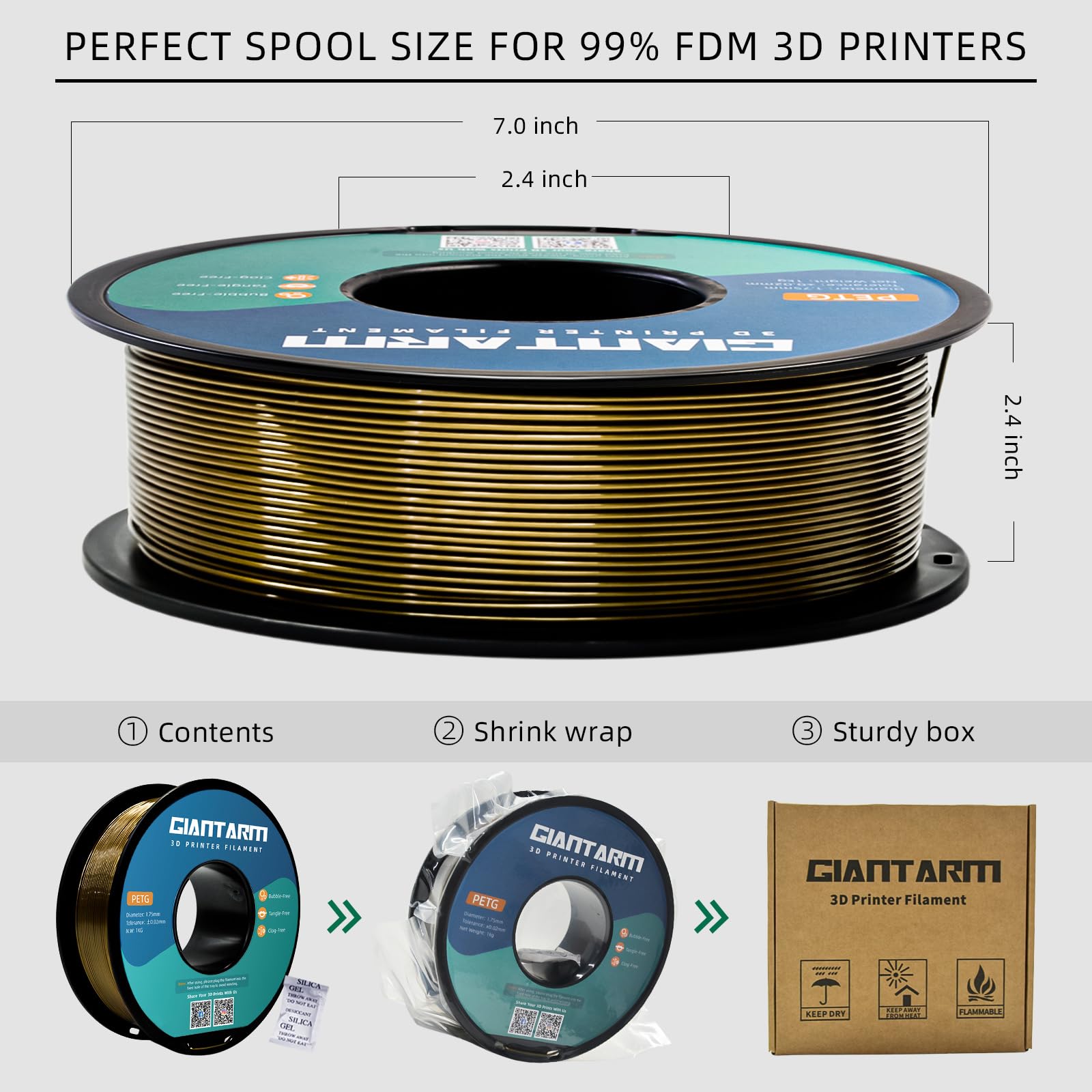 GIANTARM PETG 3D Printer Filament 1.75mm Metal Copper, Dimensional Accuracy +/-0.03mm, 1kg (2.2lbs), 1080 Feet （330m） Per Roll, Vacuum Packaging, Toughness Enhanced, Fit for Most 3D FDM Printer