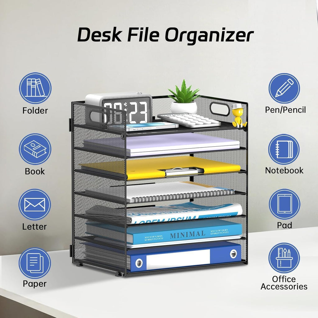 Reeplan 7-Tier Paper Organizer for Desk, Mesh Desk File Organizer with Handle, Paper Letter Tray File Sorter for Office Home School (Black)