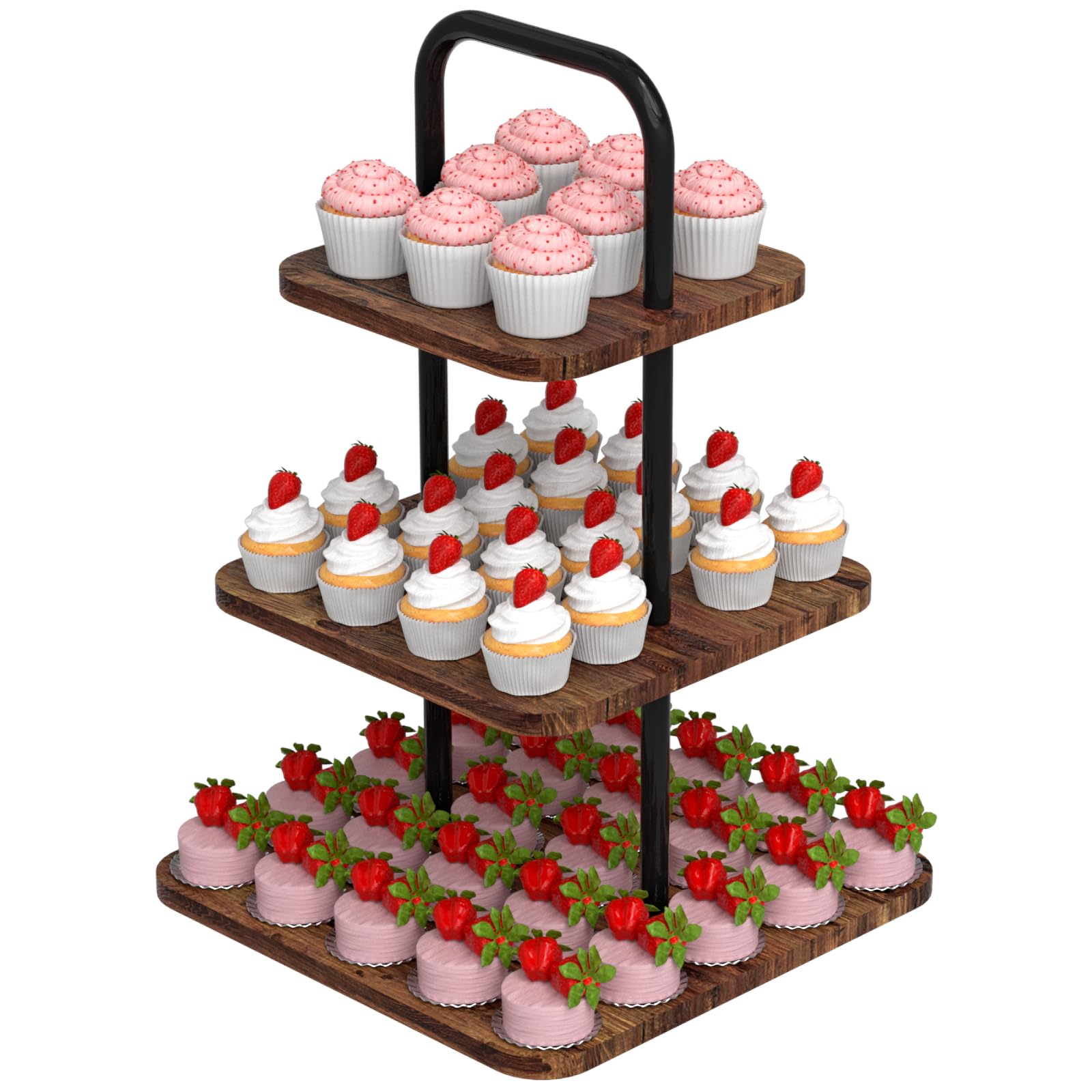 VyGrow 3-Tier Cupcake Stand Wood & Metal Tower Display Premium Holder Dessert Tree Tower for Birthday Cady Bar Decor Weddings, Party Serving Tray, Square Display