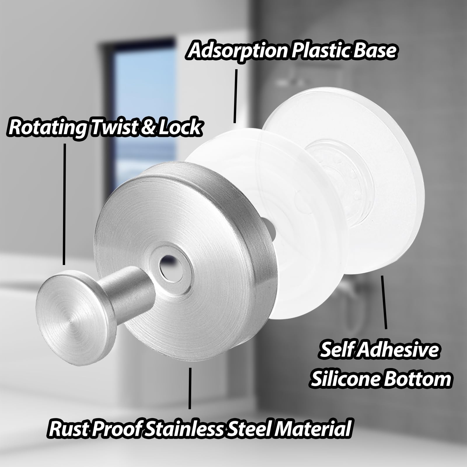 4 Pack Suction Cup Hooks for Bathroom Stainless Steel Shower Suction Hooks for Towels Utility Wall Hooks for Kitchen, Glass, Wreath, Window, Heavy Duty Waterproof Rustproof Self Adhesive (Silver)
