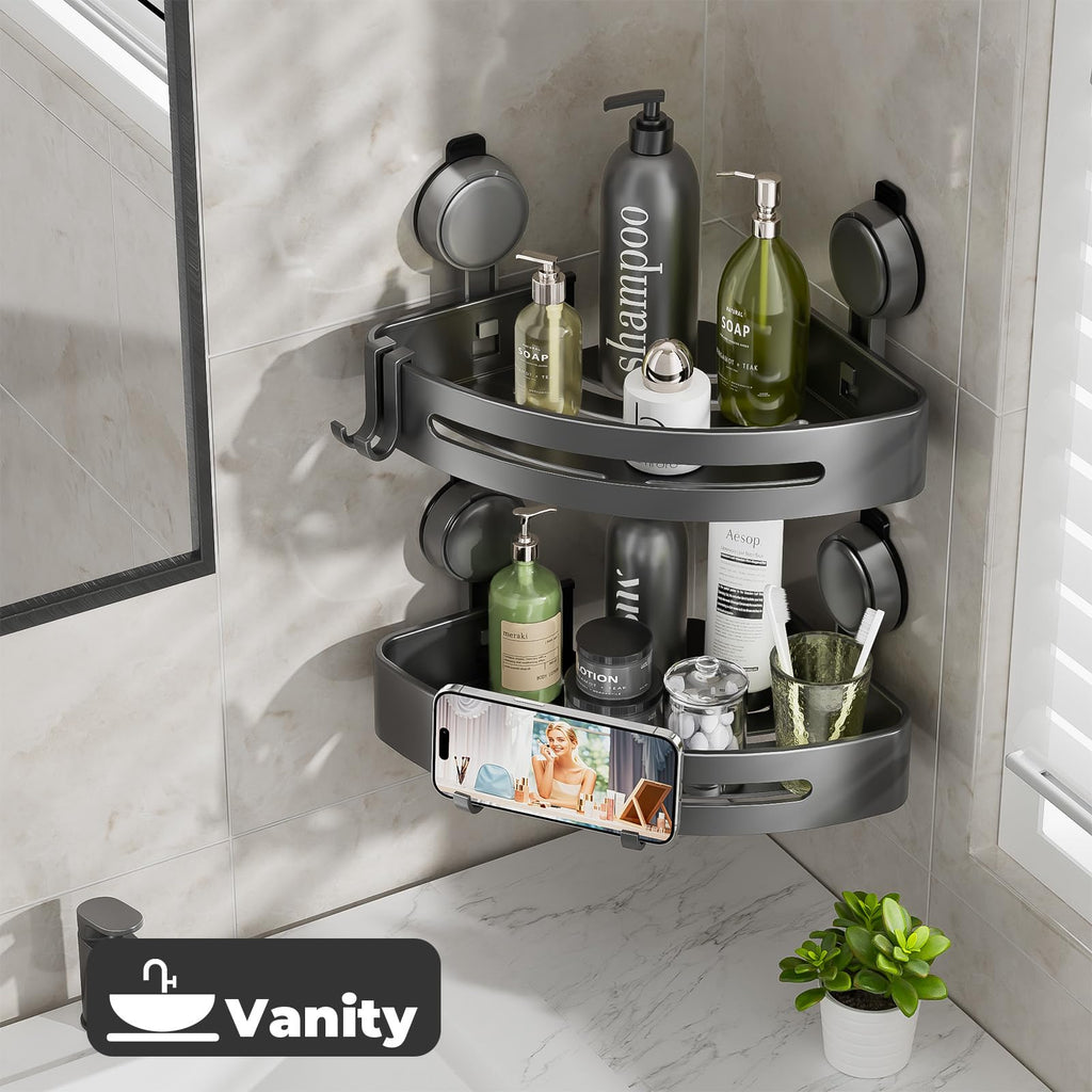 Shower Caddy Corner,Suction Cup Shower Caddy with Hooks,No Drilling Rustproof Aluminum Bathroom Organizers and Storage,Shelves for Bathroom Accessories Decor (2)